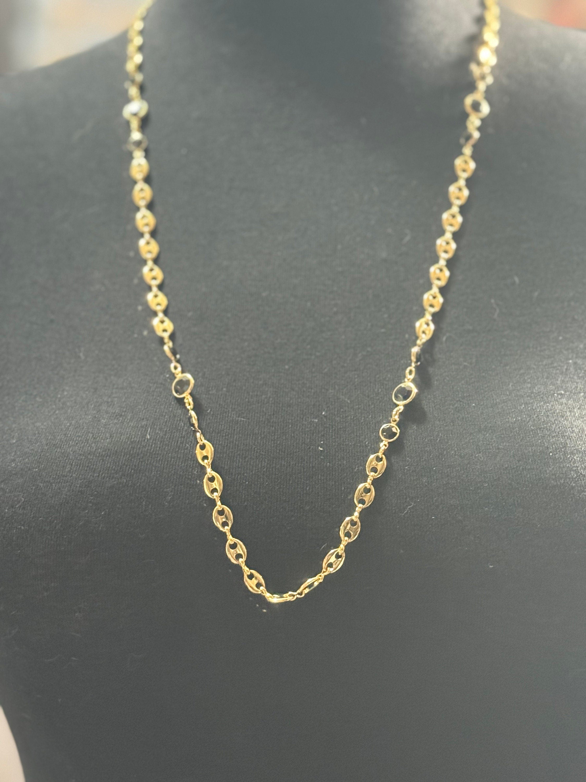 Gold Plated Mariner Chain Necklace: Black Glass Rivière, 31.5 inch
