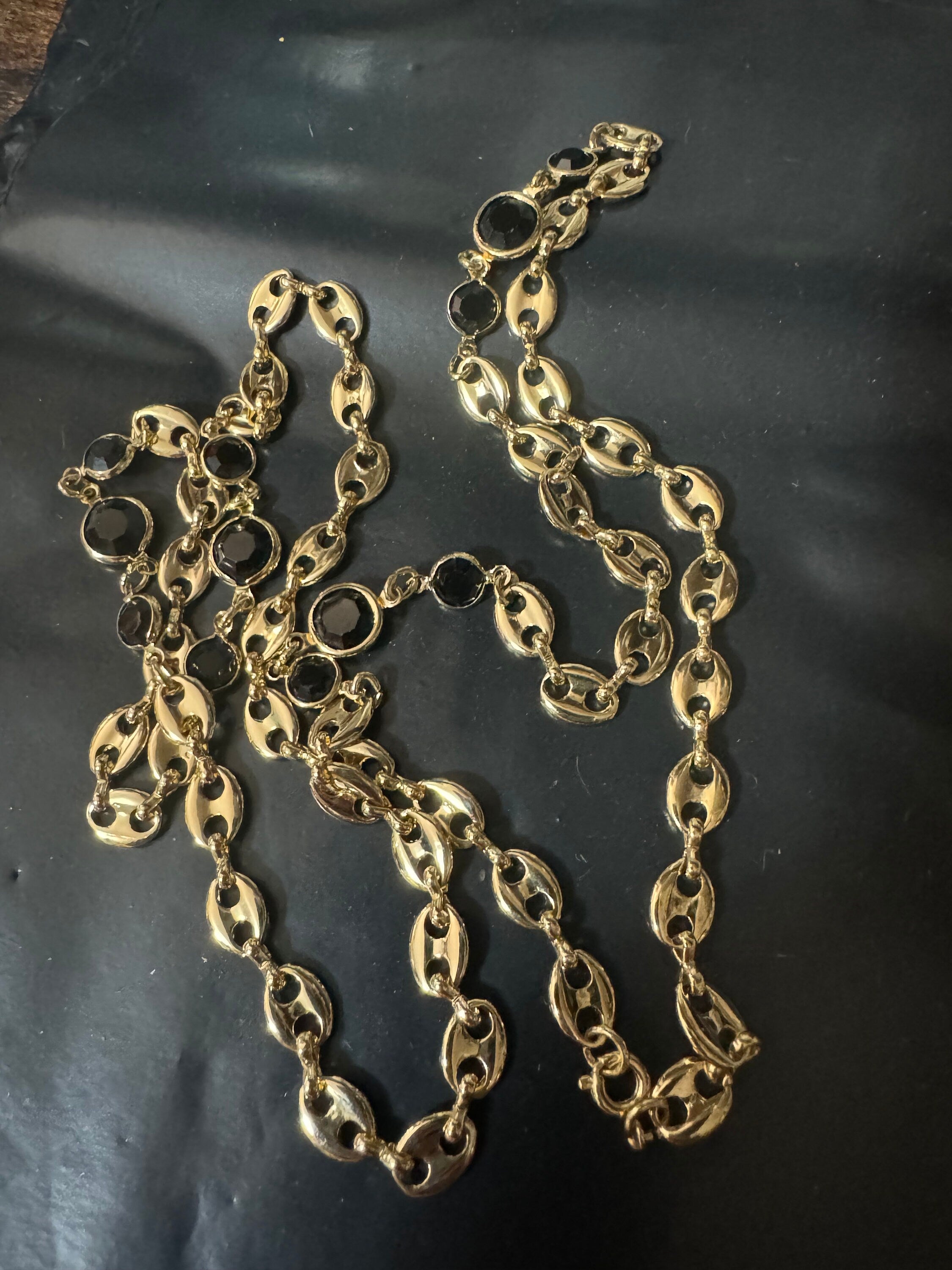 Gold Plated Mariner Chain Necklace: Black Glass Rivière, 31.5 inch