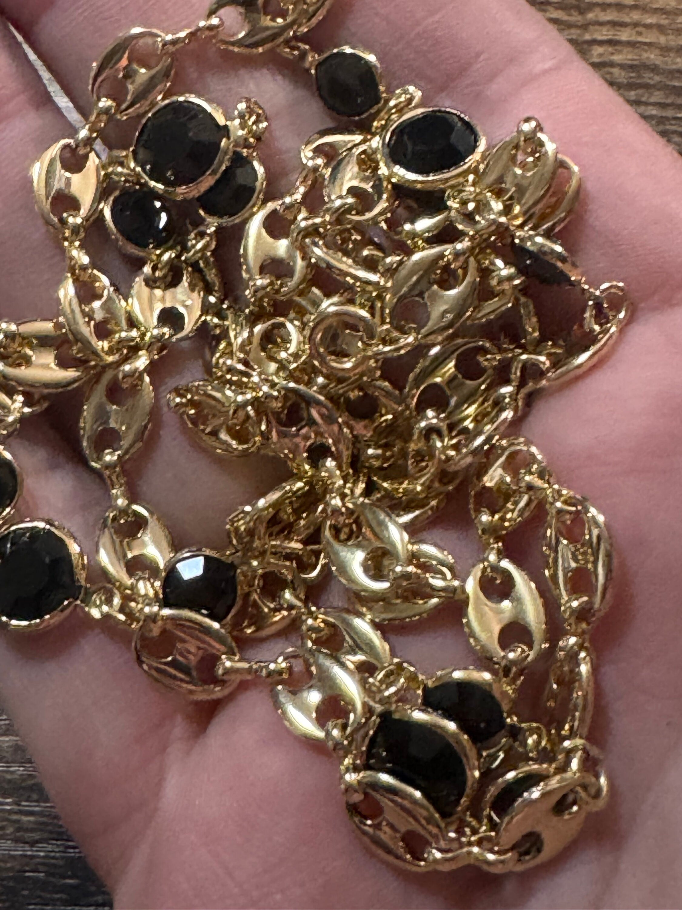 Gold Plated Mariner Chain Necklace: Black Glass Rivière, 31.5 inch