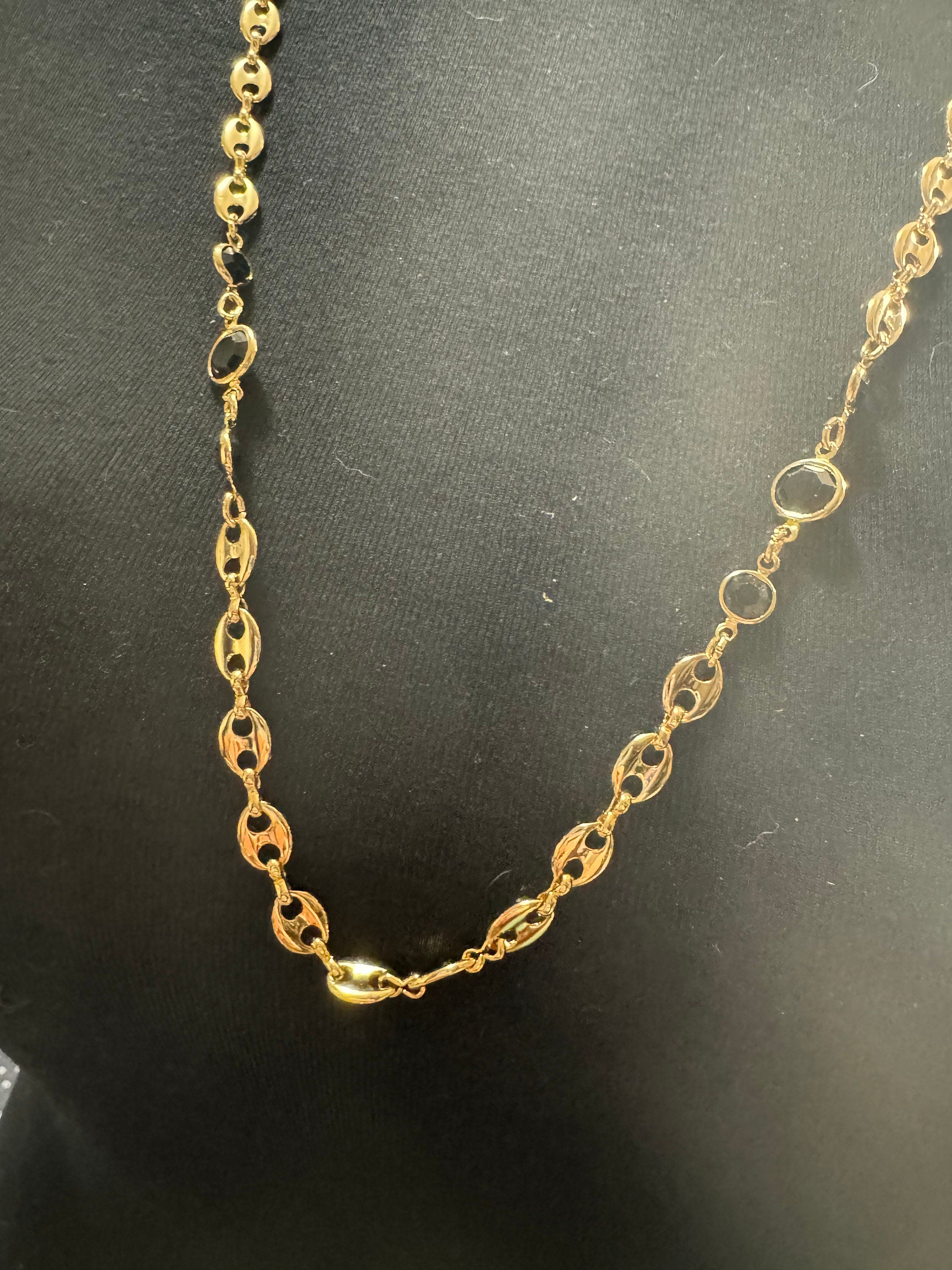 Gold Plated Mariner Chain Necklace: Black Glass Rivière, 31.5 inch