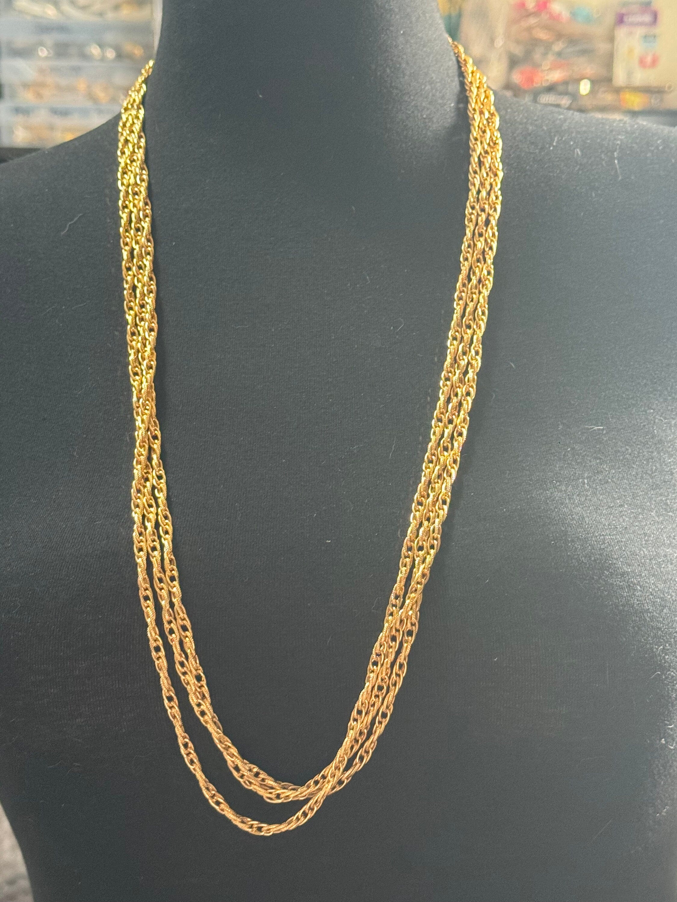 Vintage Gold Tone Rope Chain Necklace: Multi Strand Waterfall, 25 inch
