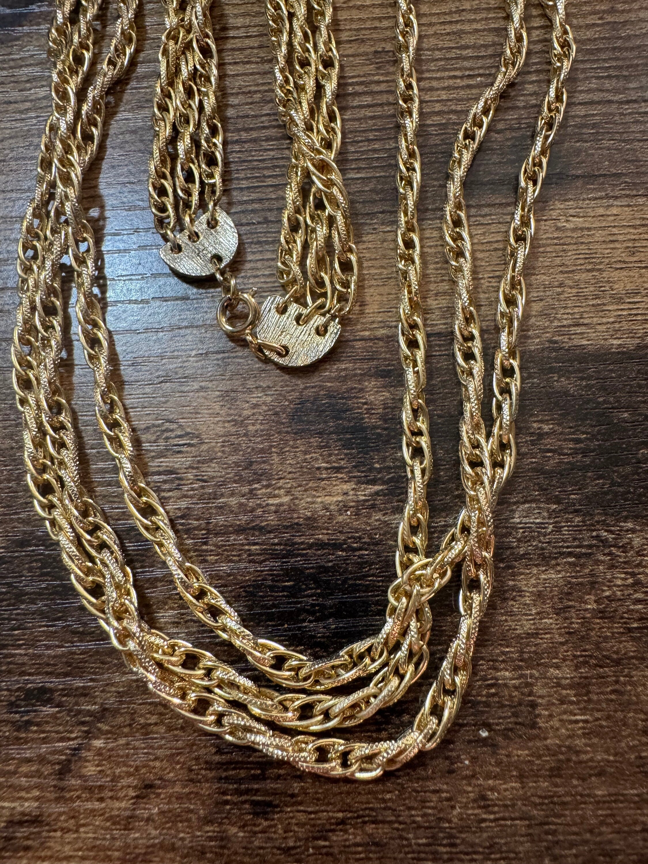 Vintage Gold Tone Rope Chain Necklace: Multi Strand Waterfall, 25 inch