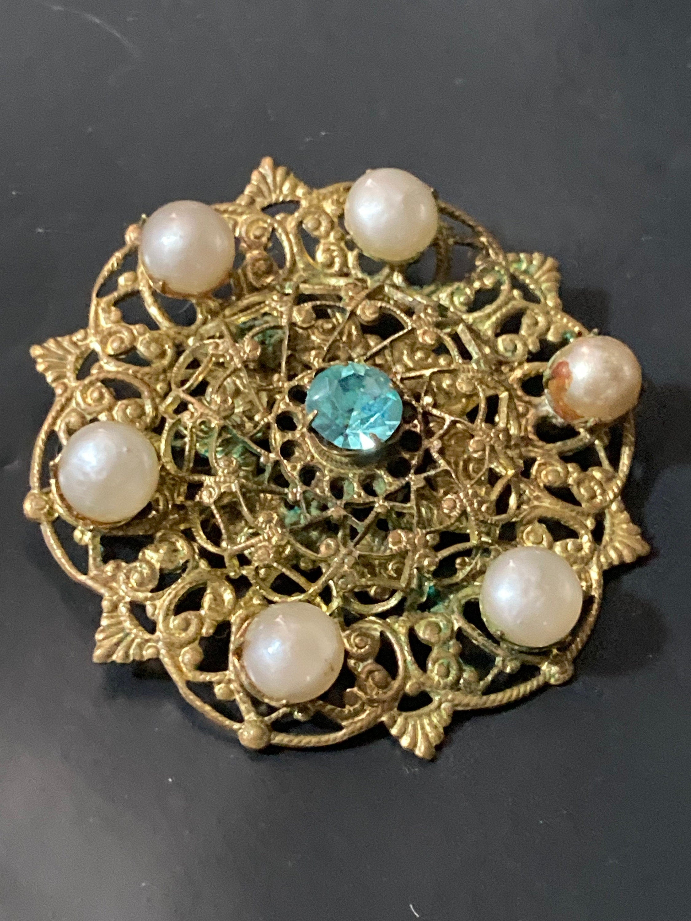 Vintage Czech brass filigree faux pearl and light blue sapphire Rhinestone diamanté Brooch