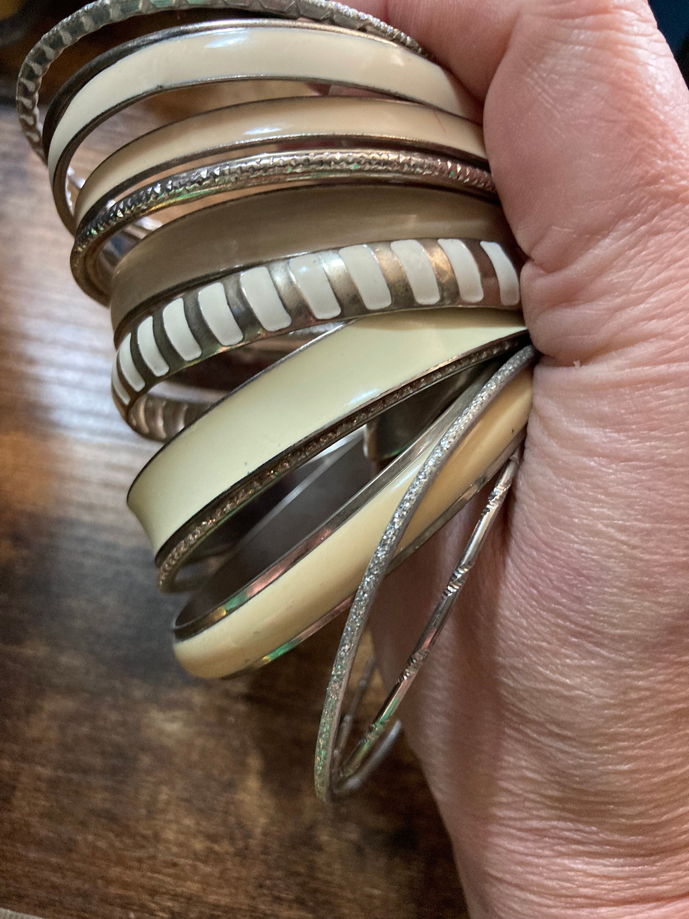 Vintage Silver Tone Stacking Bangles: Boho Hippie Festival Bracelet Set