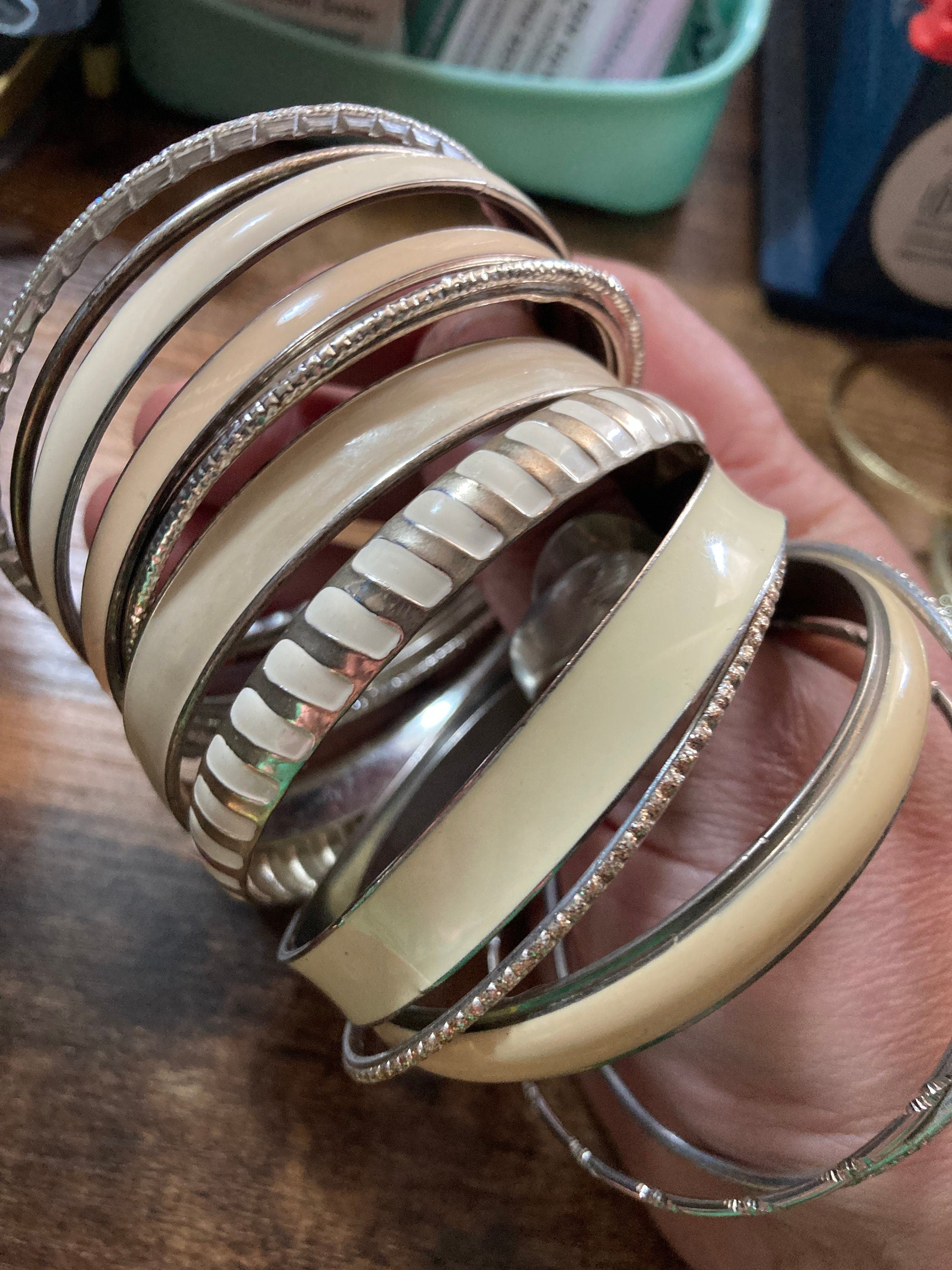 Vintage Silver Tone Stacking Bangles: Boho Hippie Festival Bracelet Set