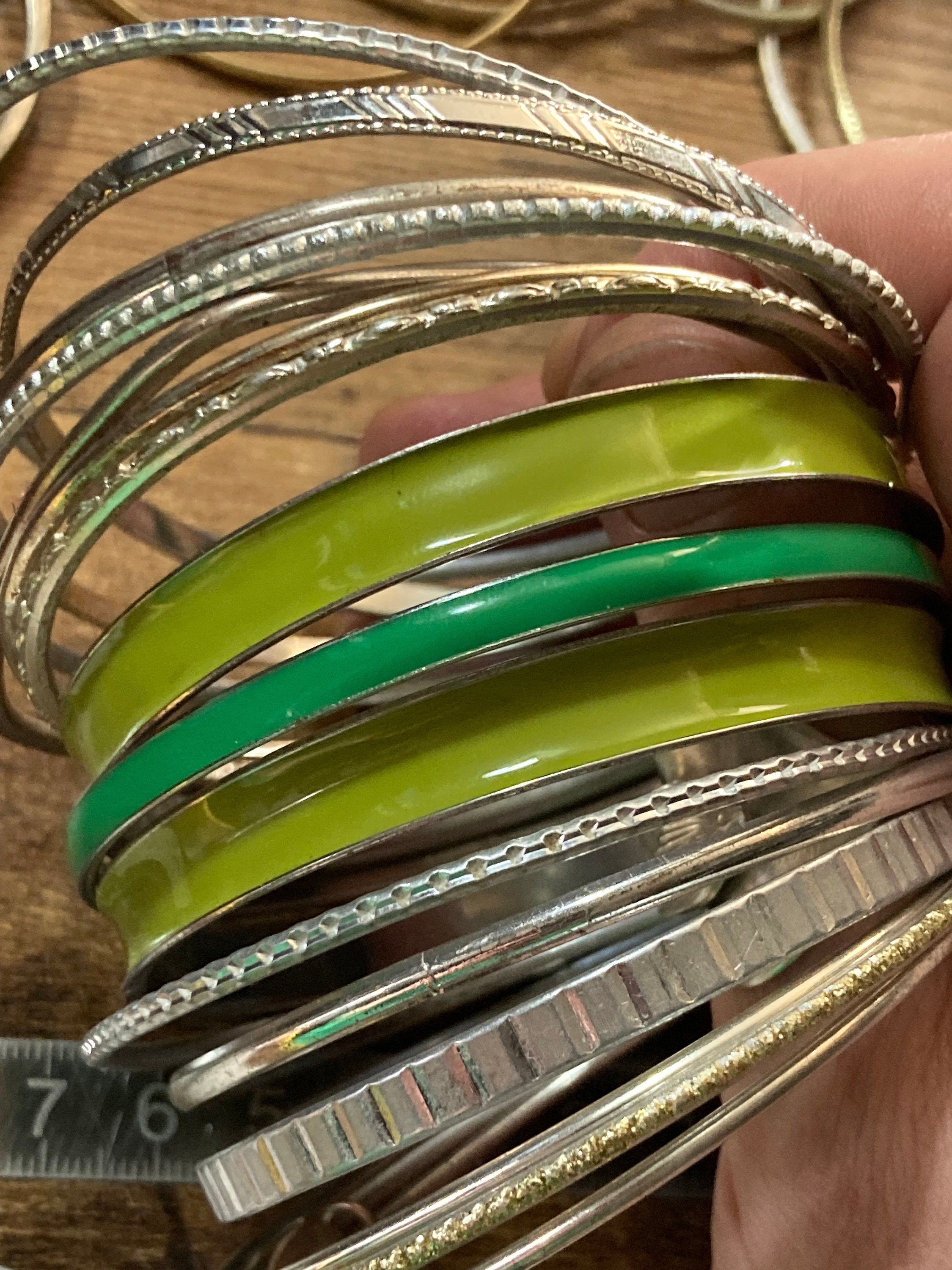 Vintage Silver & Green Stacking Bangles: Boho Hippy Bracelet Set