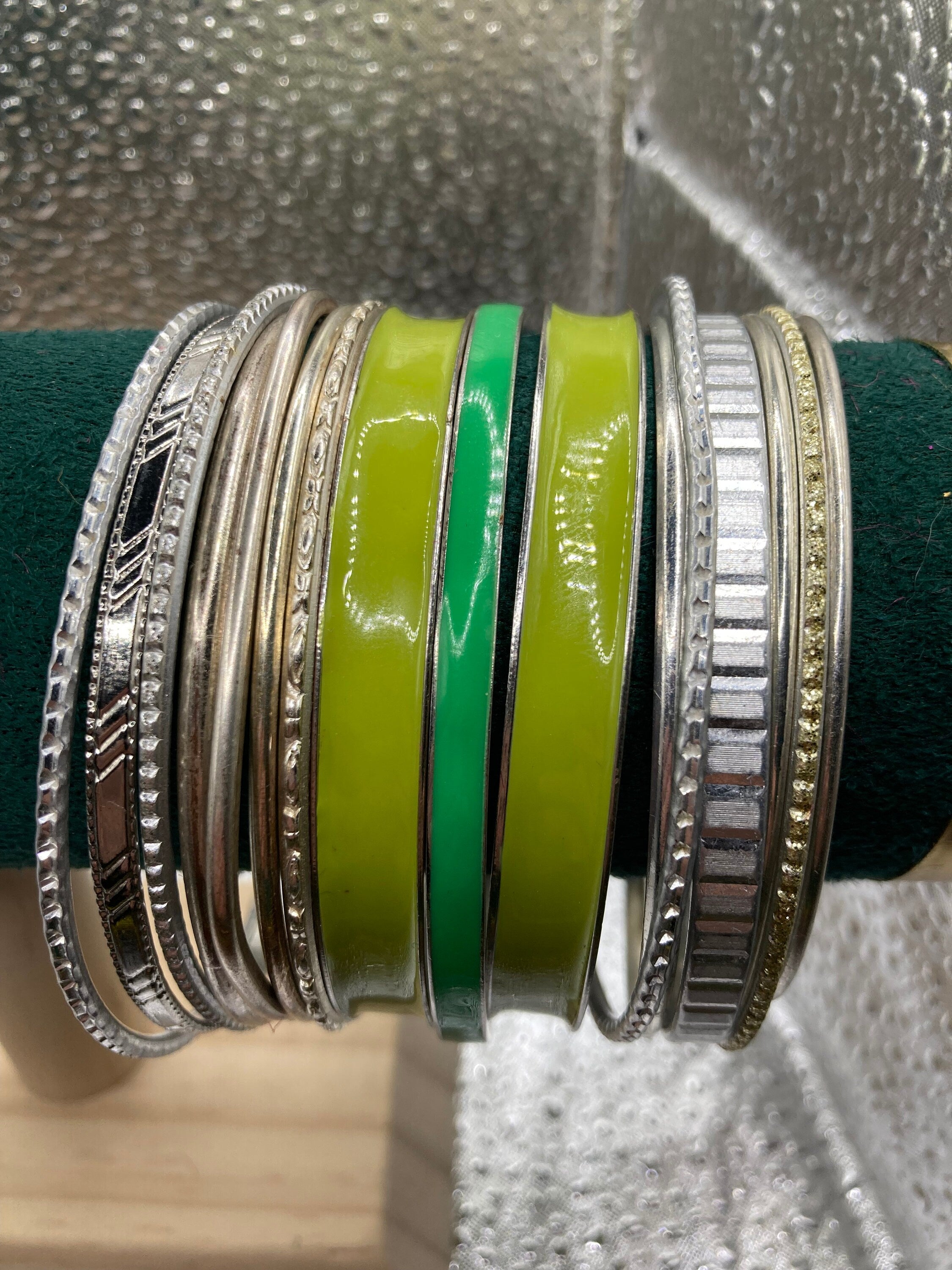 Vintage Silver & Green Stacking Bangles: Boho Hippy Bracelet Set