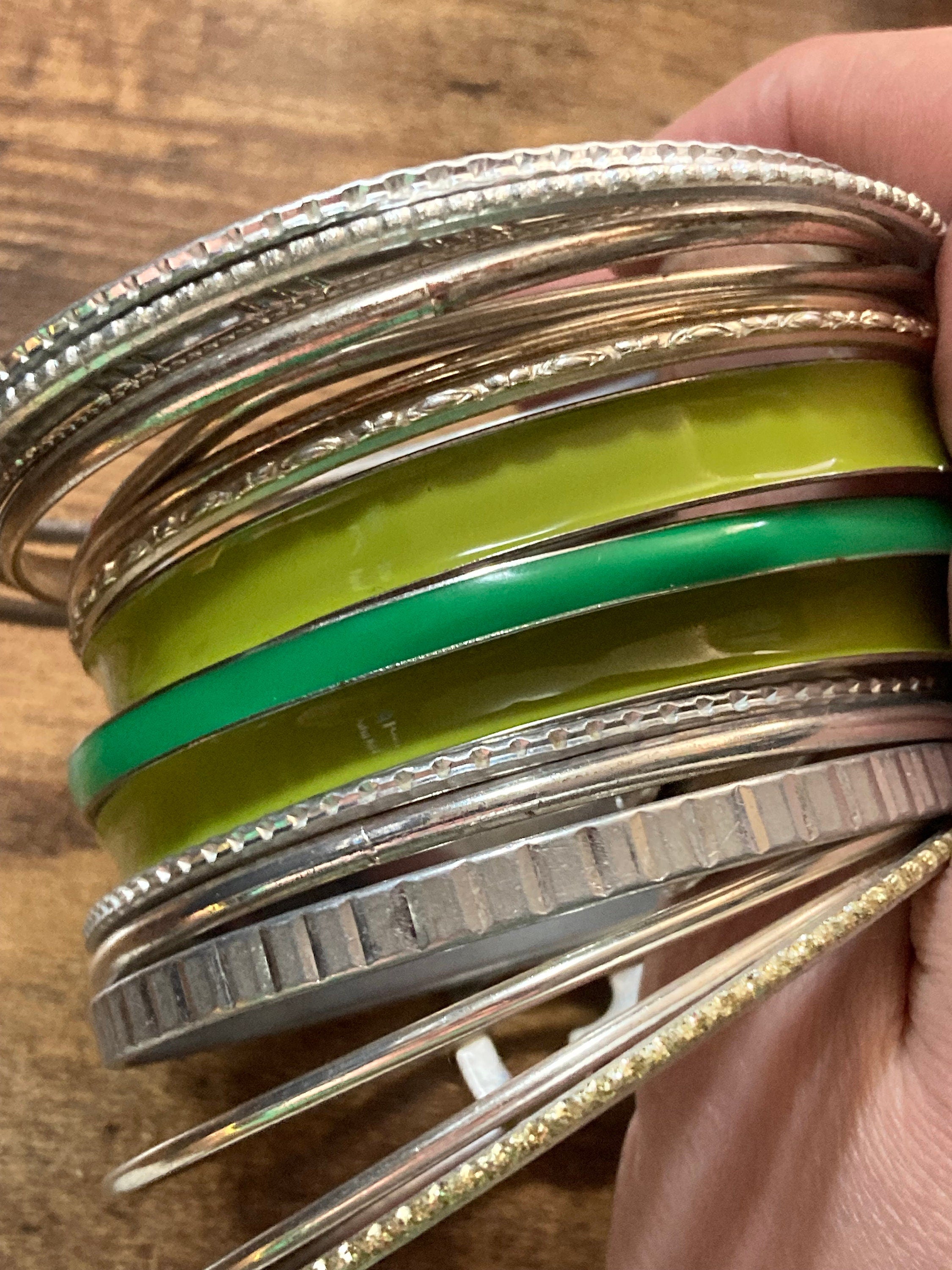 Vintage Silver & Green Stacking Bangles: Boho Hippy Bracelet Set