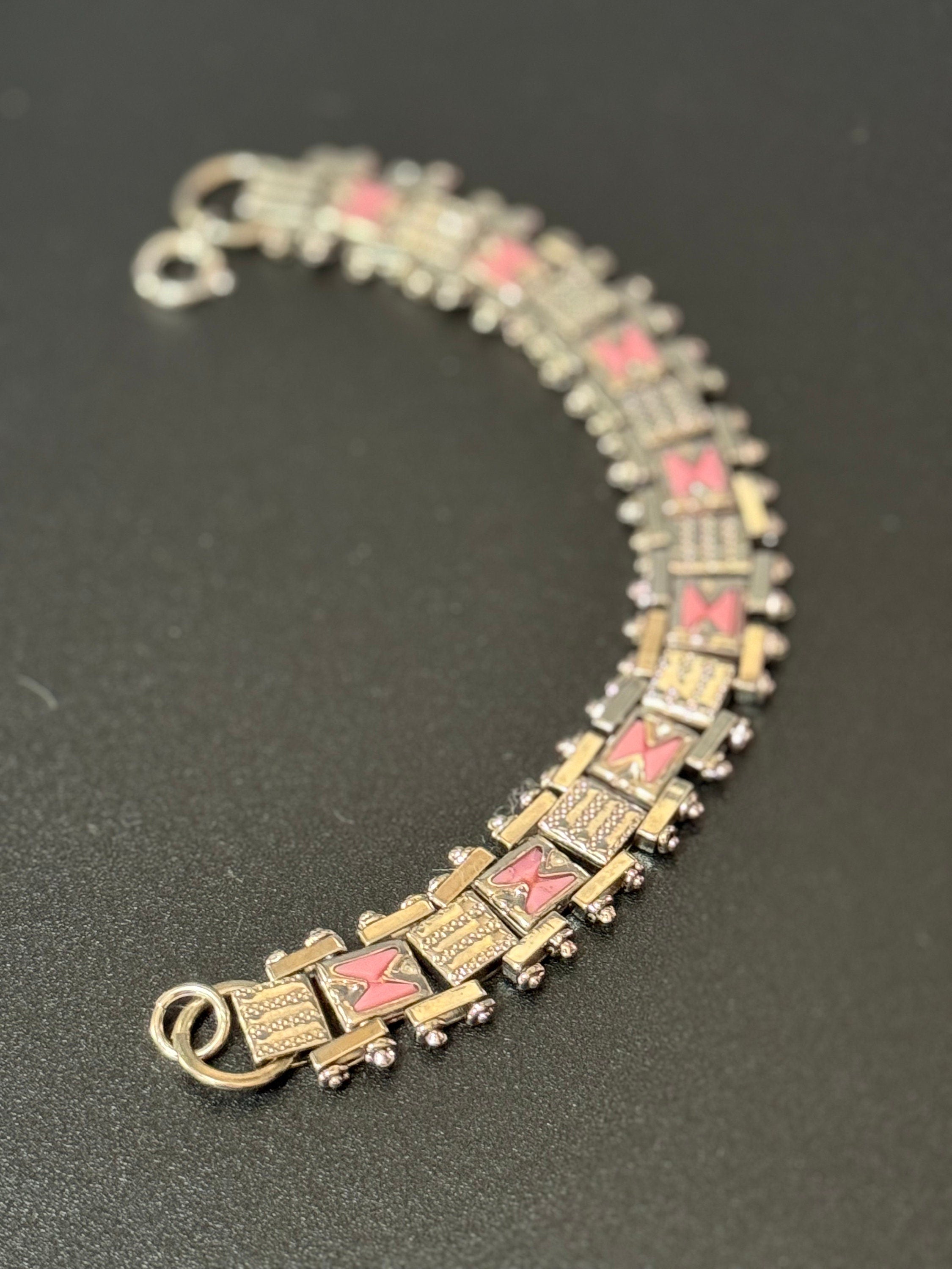 Antique Jakob Bengel Bracelet: 1920s Chromed Metal Pink Enamel Geometric Chain Link