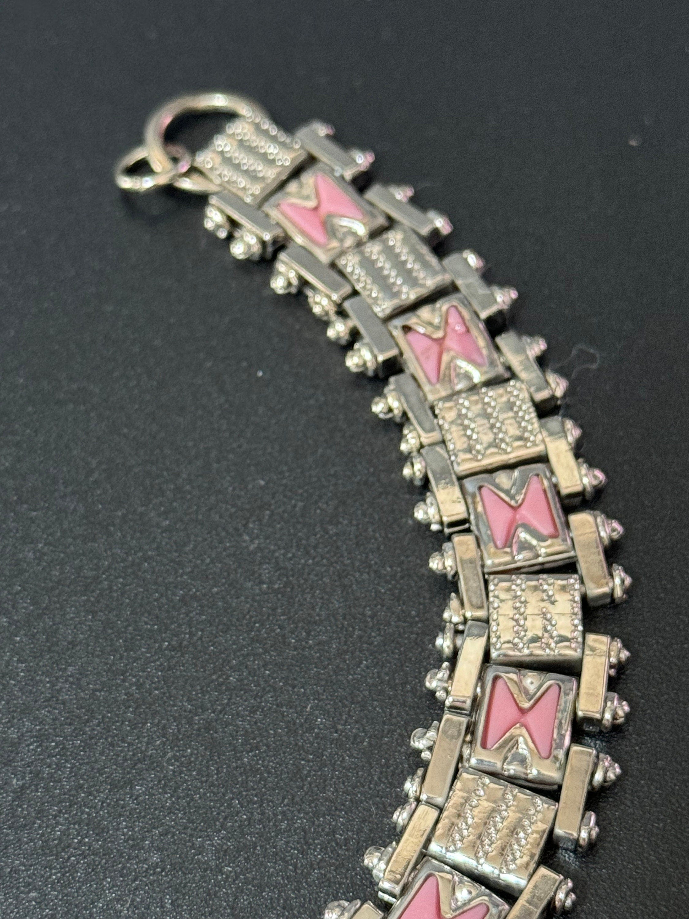 Antique Jakob Bengel Bracelet: 1920s Chromed Metal Pink Enamel Geometric Chain Link