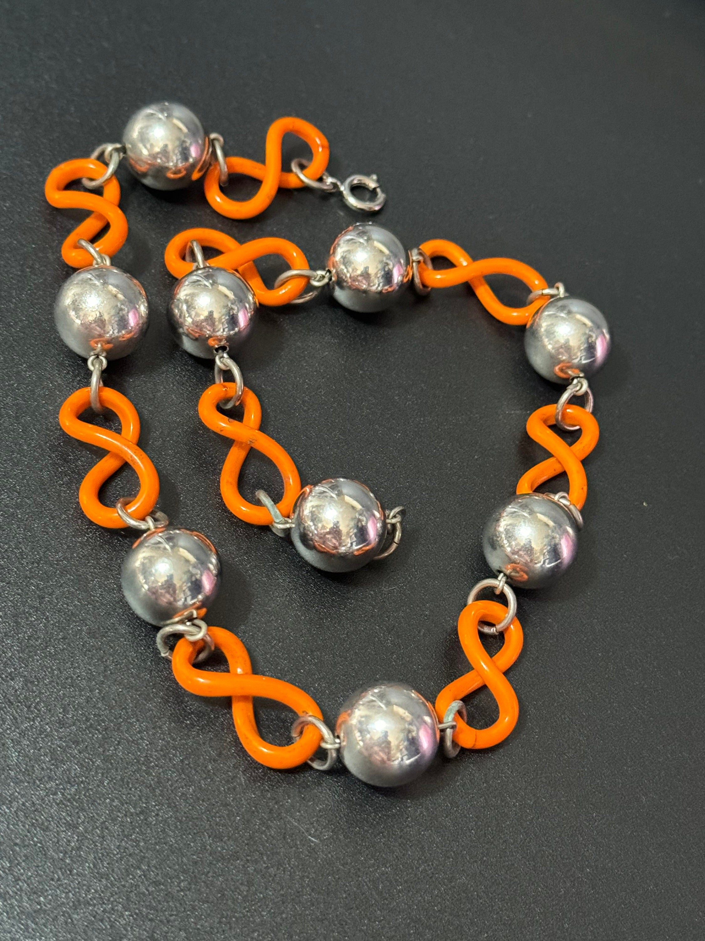 Art Deco Jakob Bengel Necklace: Chrome, Orange Galalith, Geometric Beads