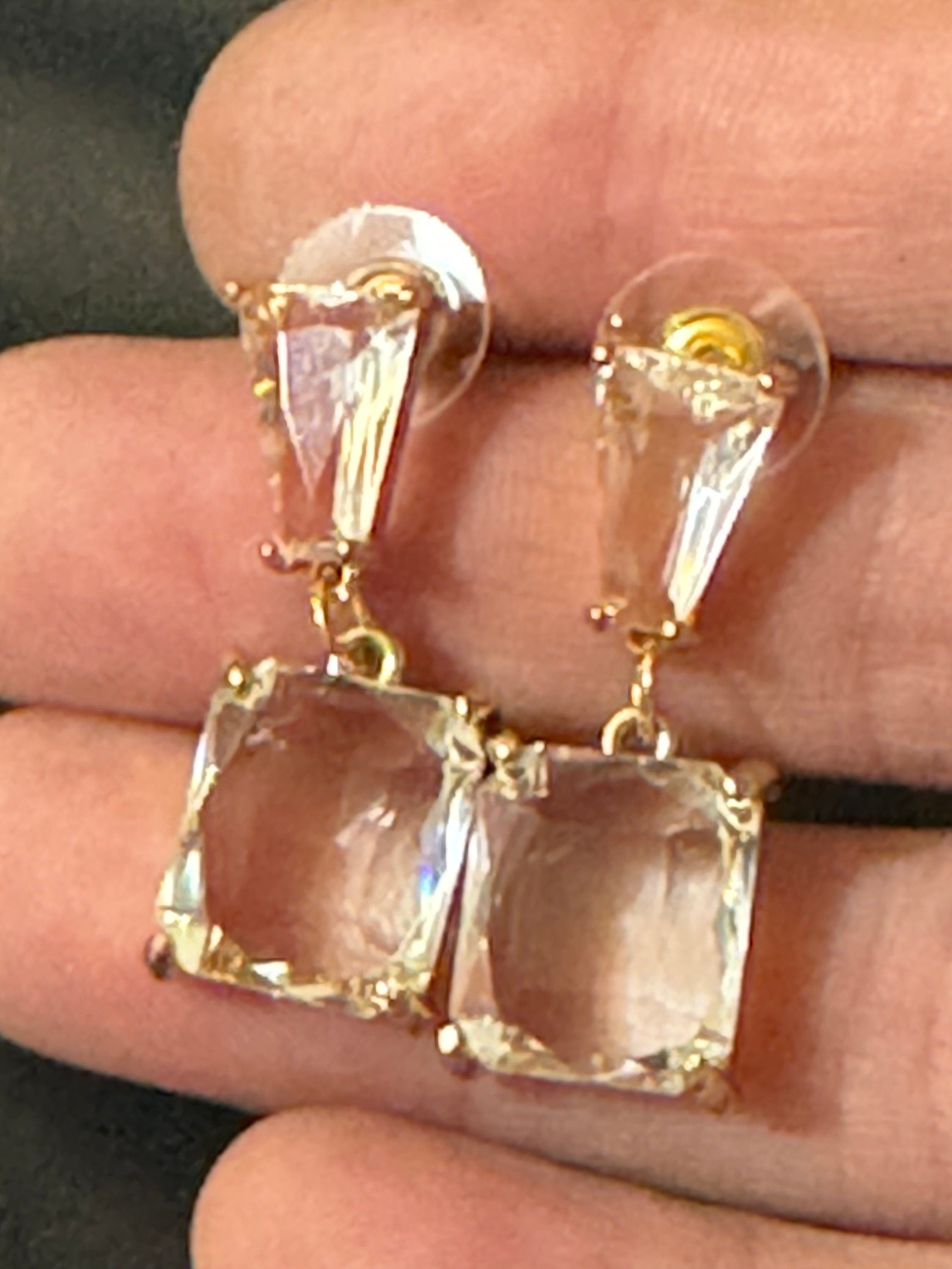 large rectangular crystal diamanté earrings for pierced ears Gold plated