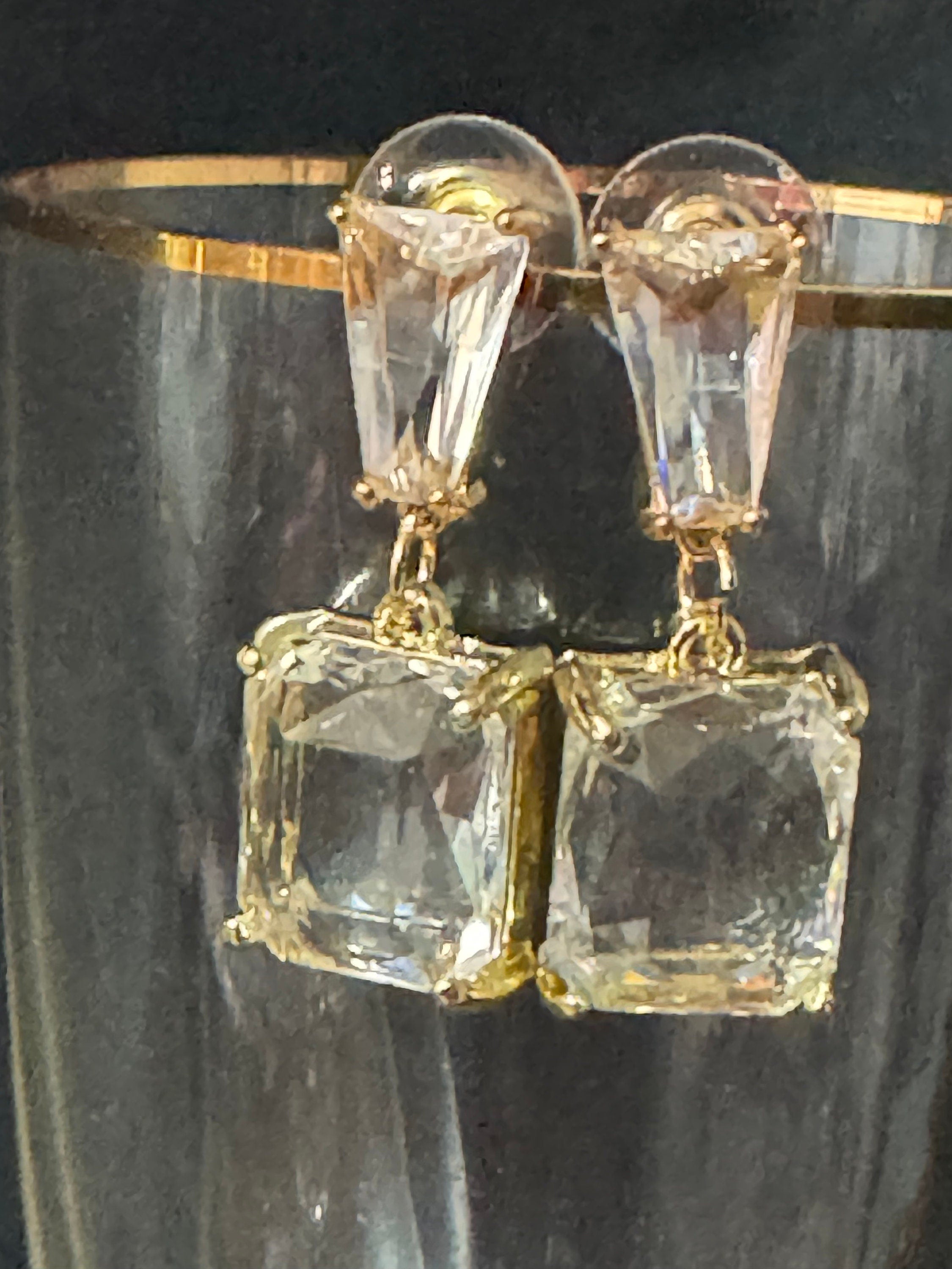 large rectangular crystal diamanté earrings for pierced ears Gold plated