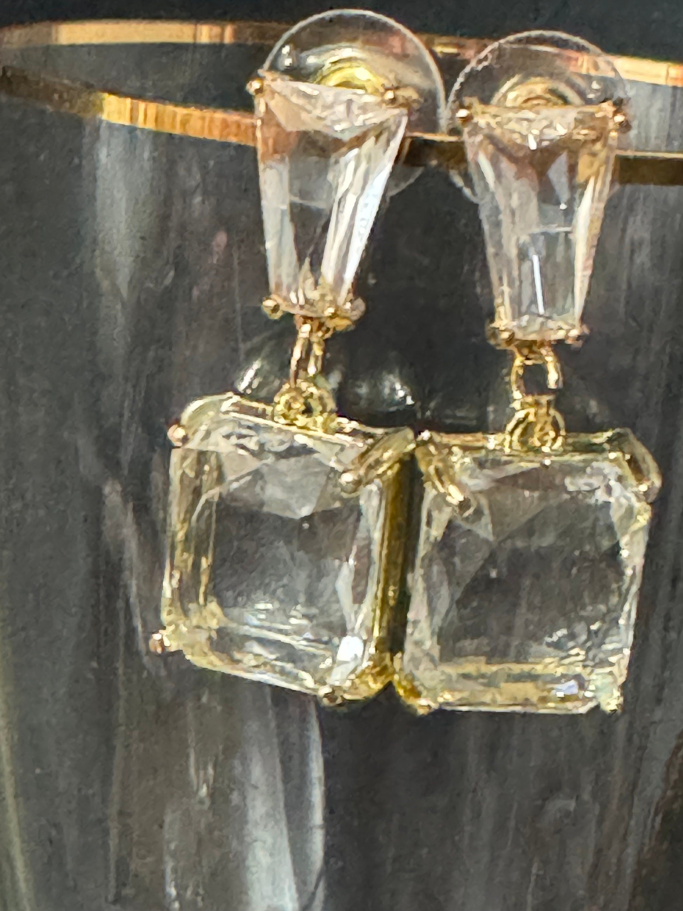 large rectangular crystal diamanté earrings for pierced ears Gold plated