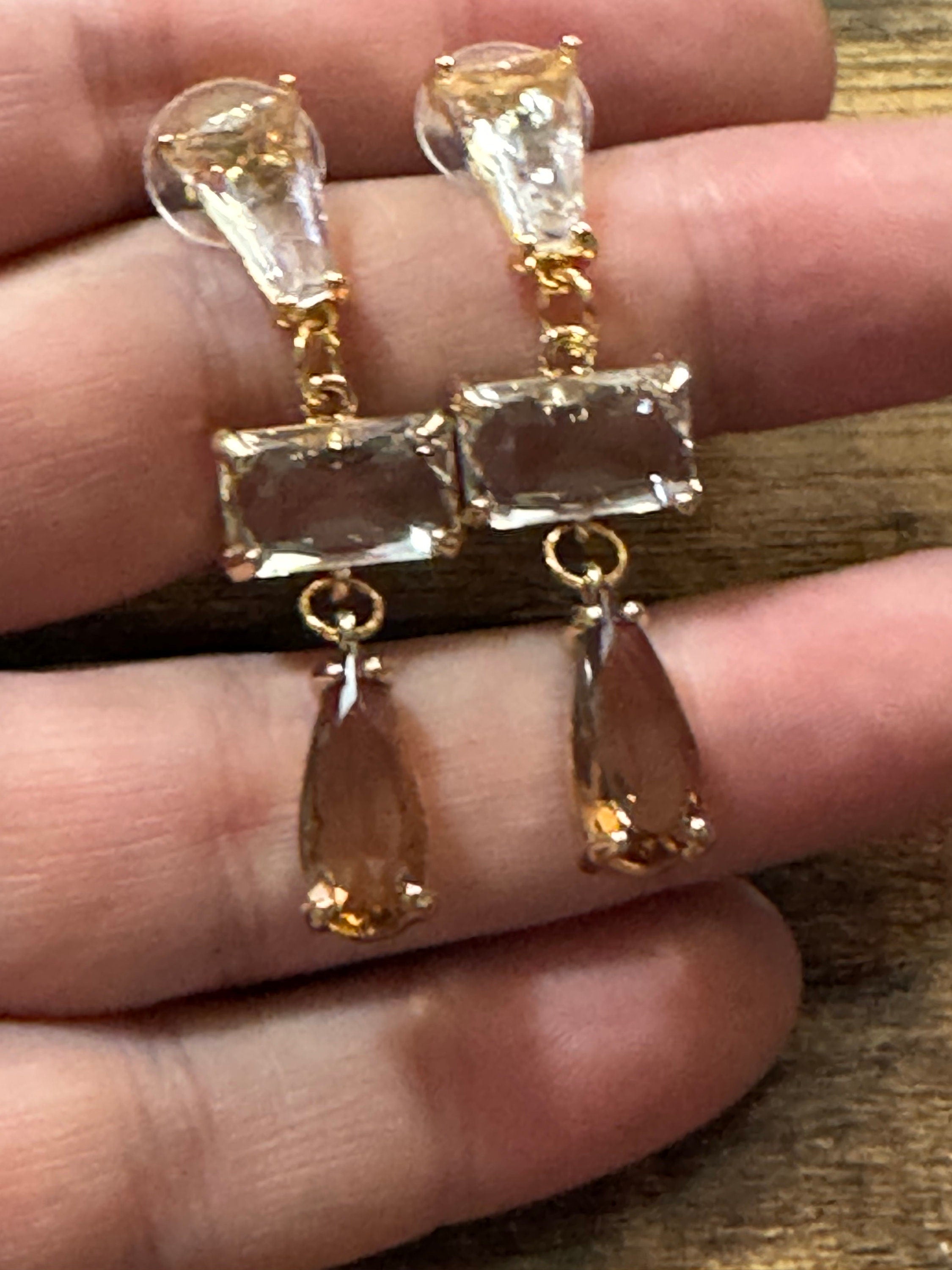 Long clear and soft brown glass crystal diamanté earrings for pierced ears Gold plated