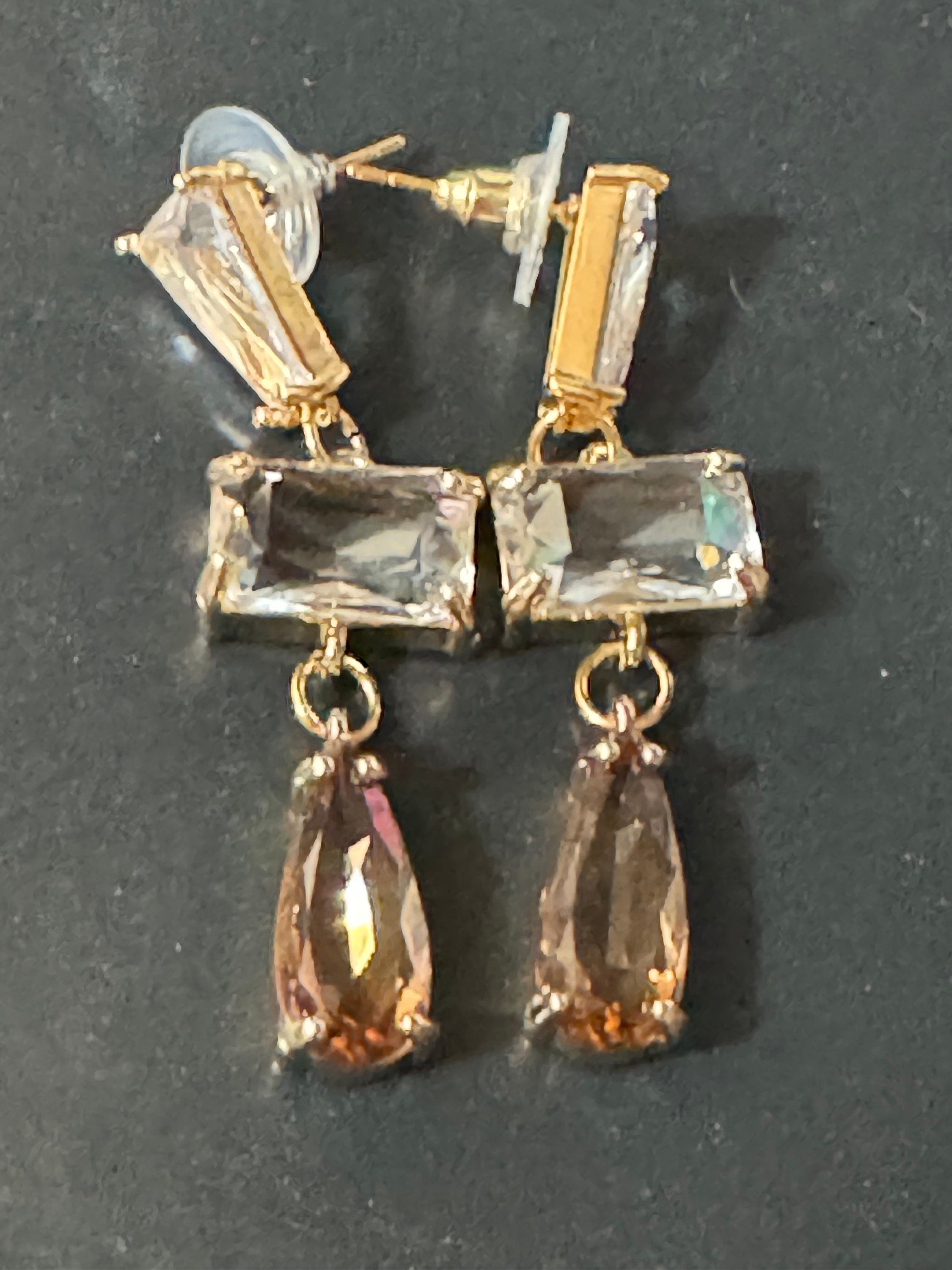 Long clear and soft brown glass crystal diamanté earrings for pierced ears Gold plated