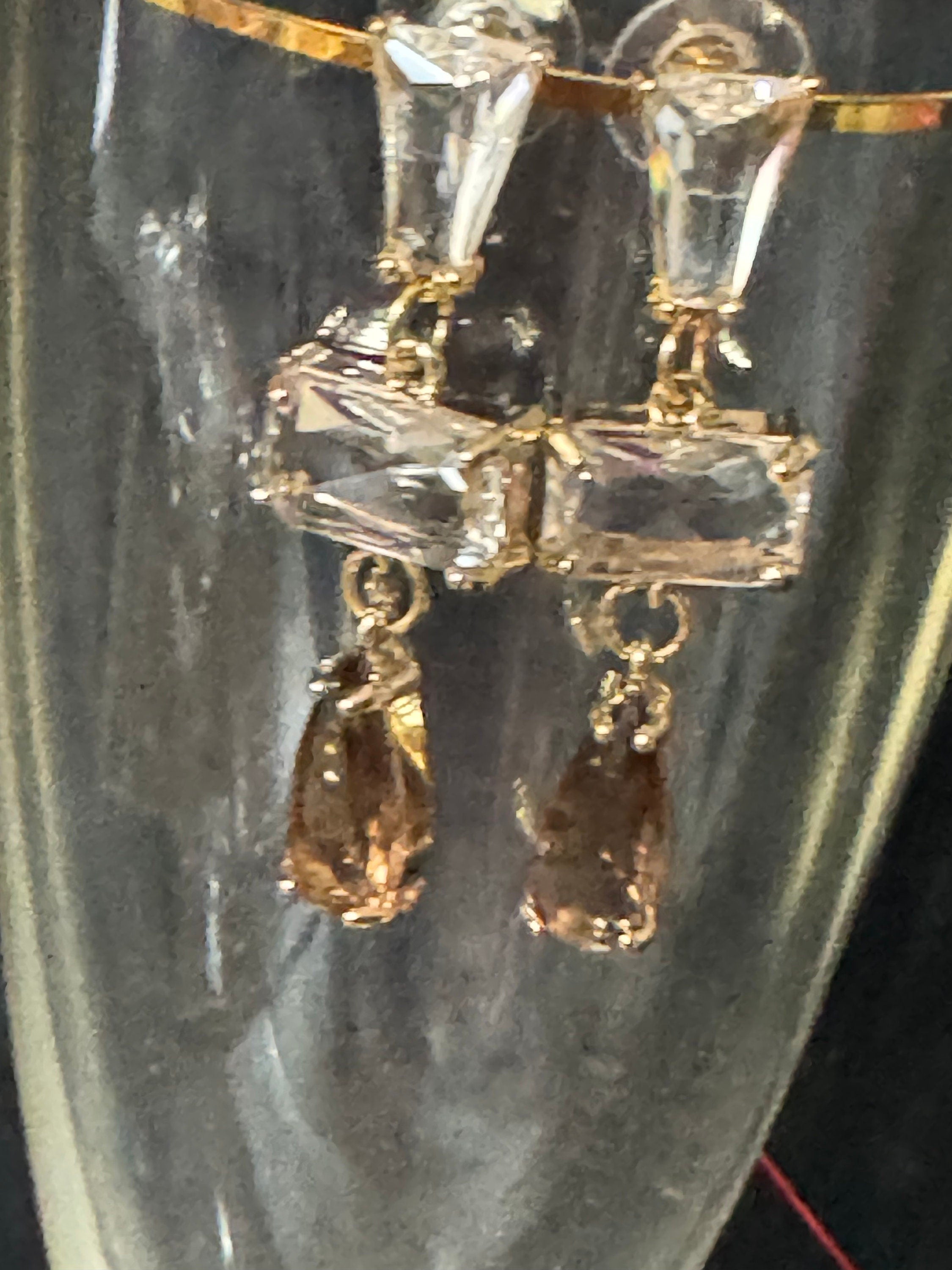Long clear and soft brown glass crystal diamanté earrings for pierced ears Gold plated