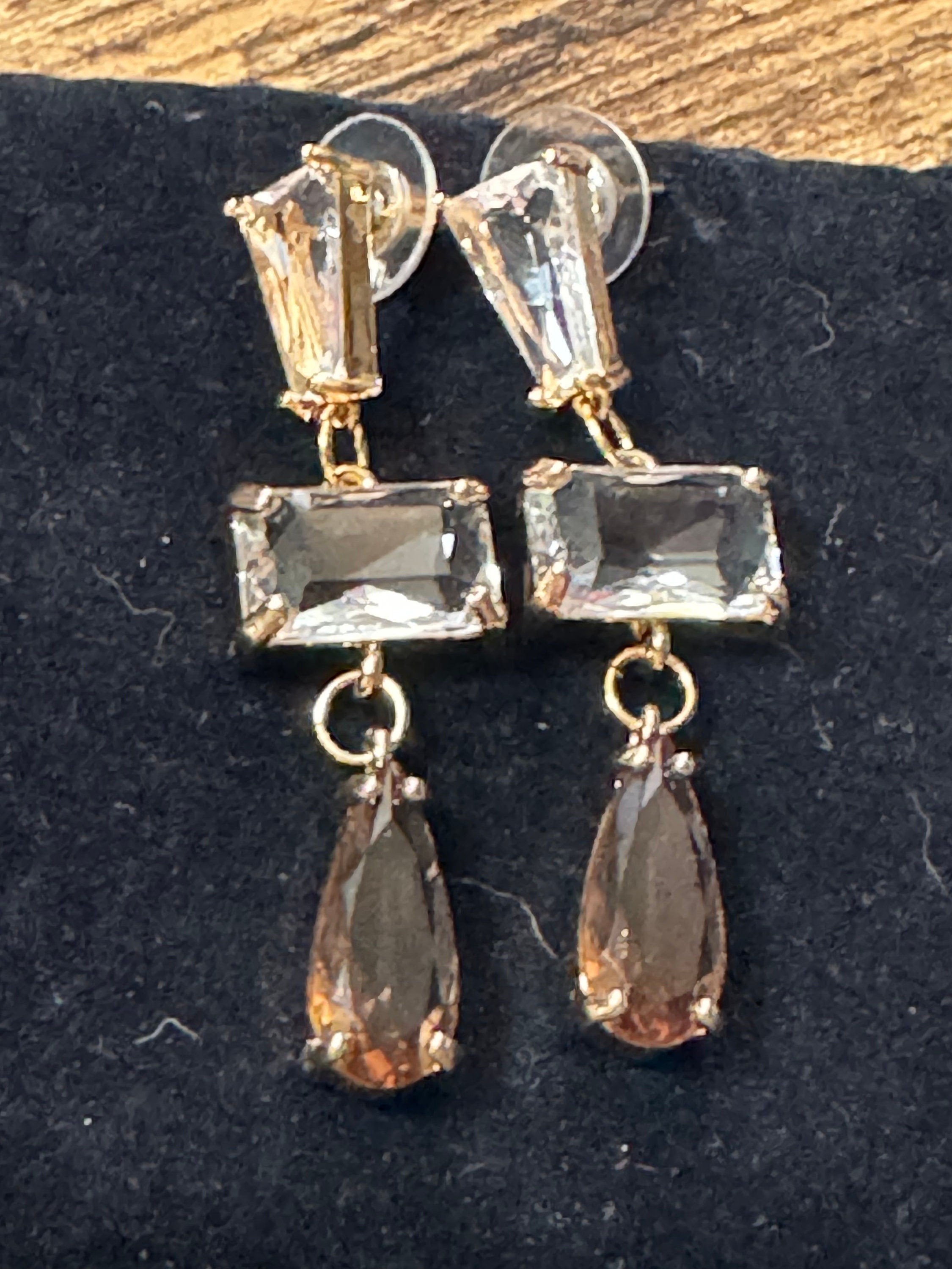 Long clear and soft brown glass crystal diamanté earrings for pierced ears Gold plated