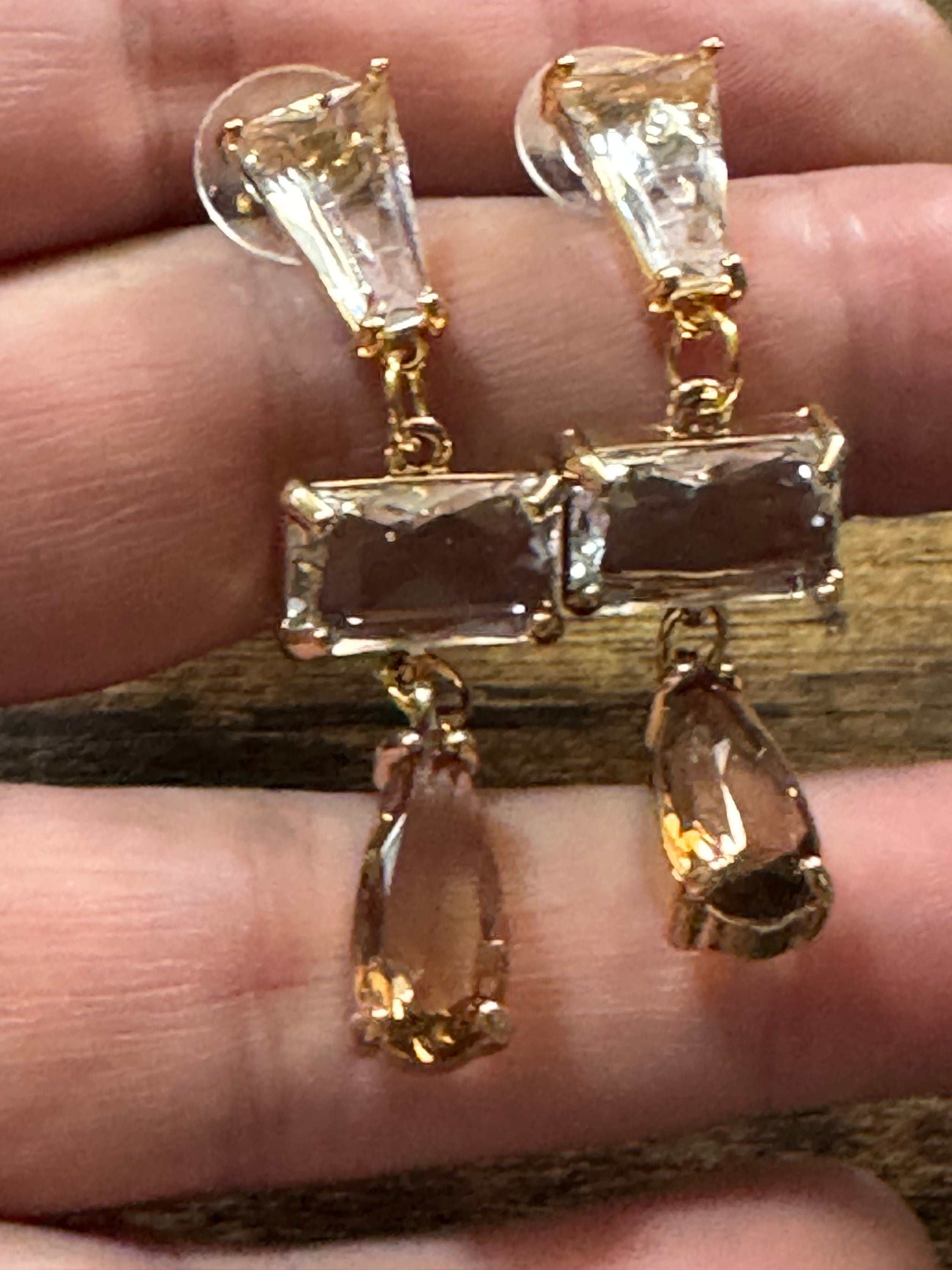 Long clear and soft brown glass crystal diamanté earrings for pierced ears Gold plated