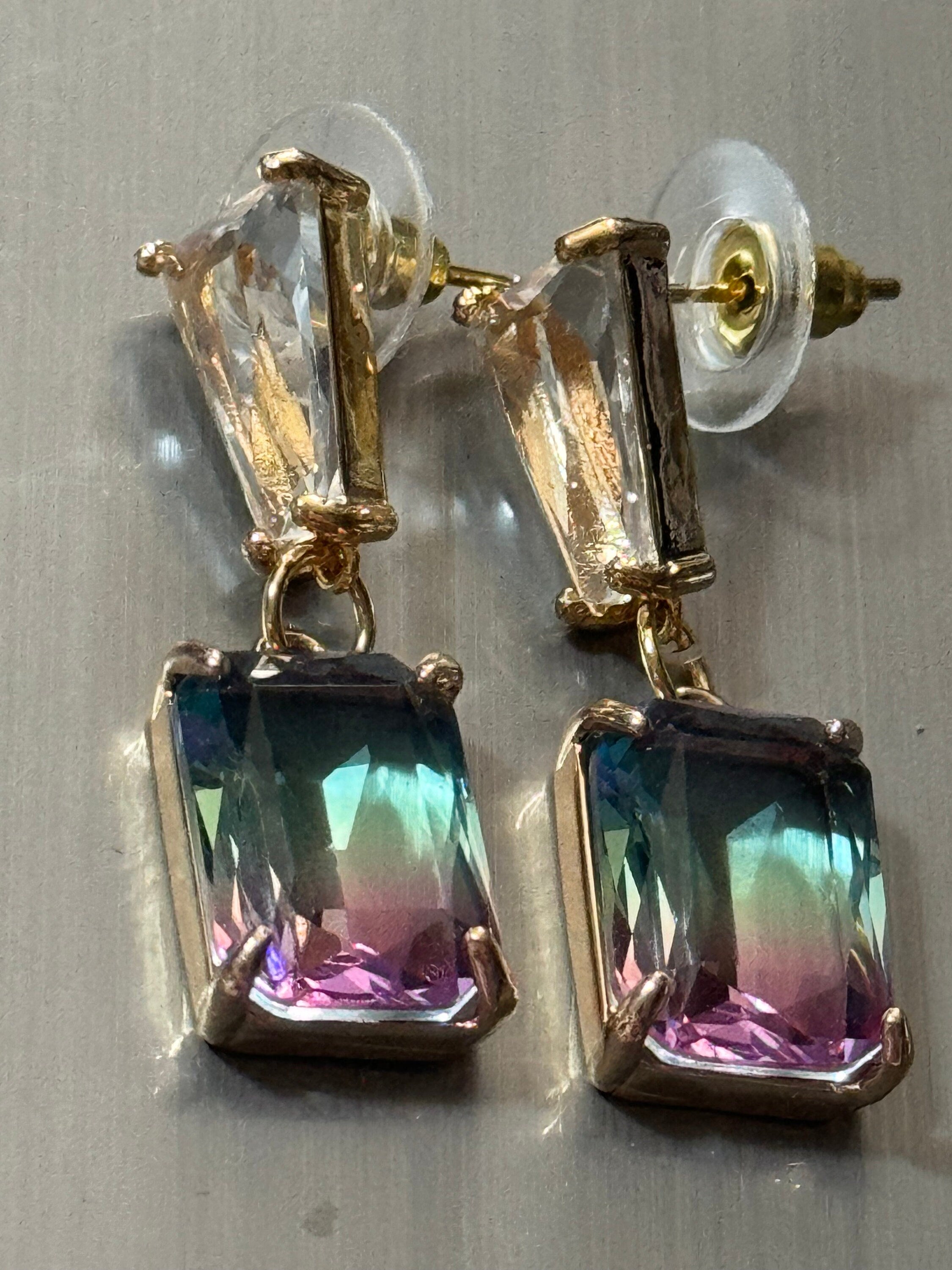 Clear and iris rainbow crystal diamanté earrings for pierced ears Gold plated