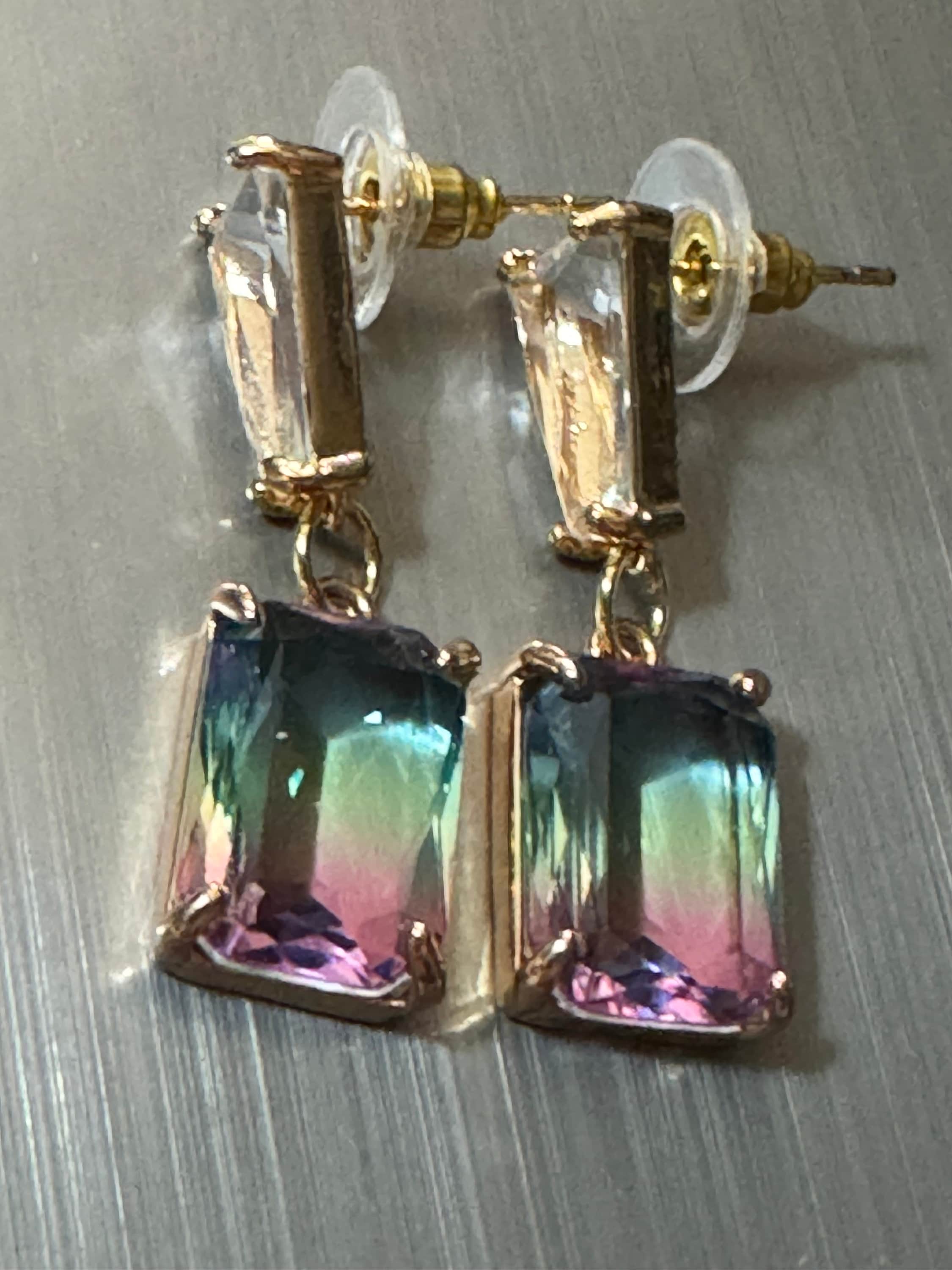 Clear and iris rainbow crystal diamanté earrings for pierced ears Gold plated