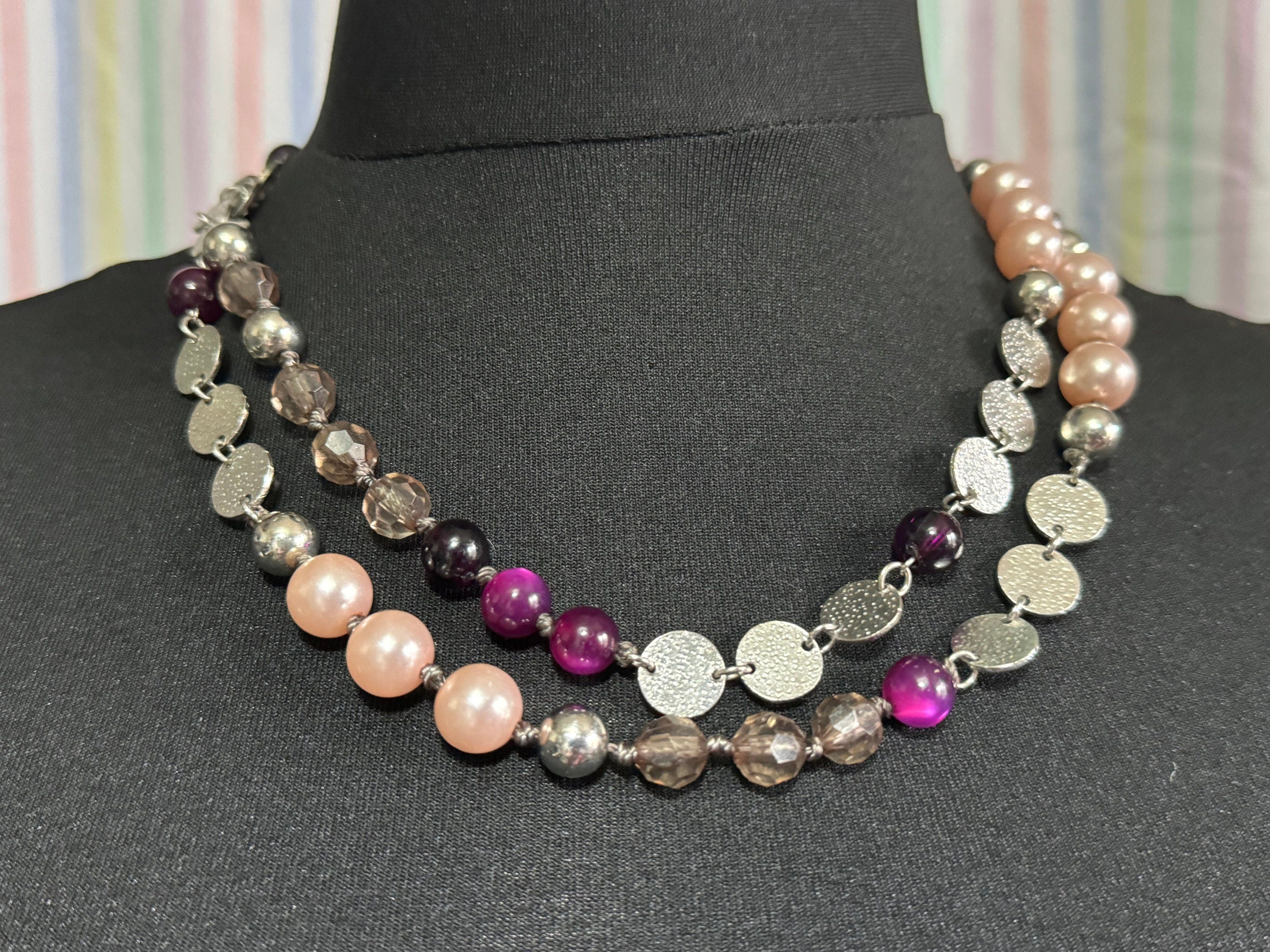 Retro long plastic beaded pink pearl faux crystal and purple beaded layering necklace 110cm