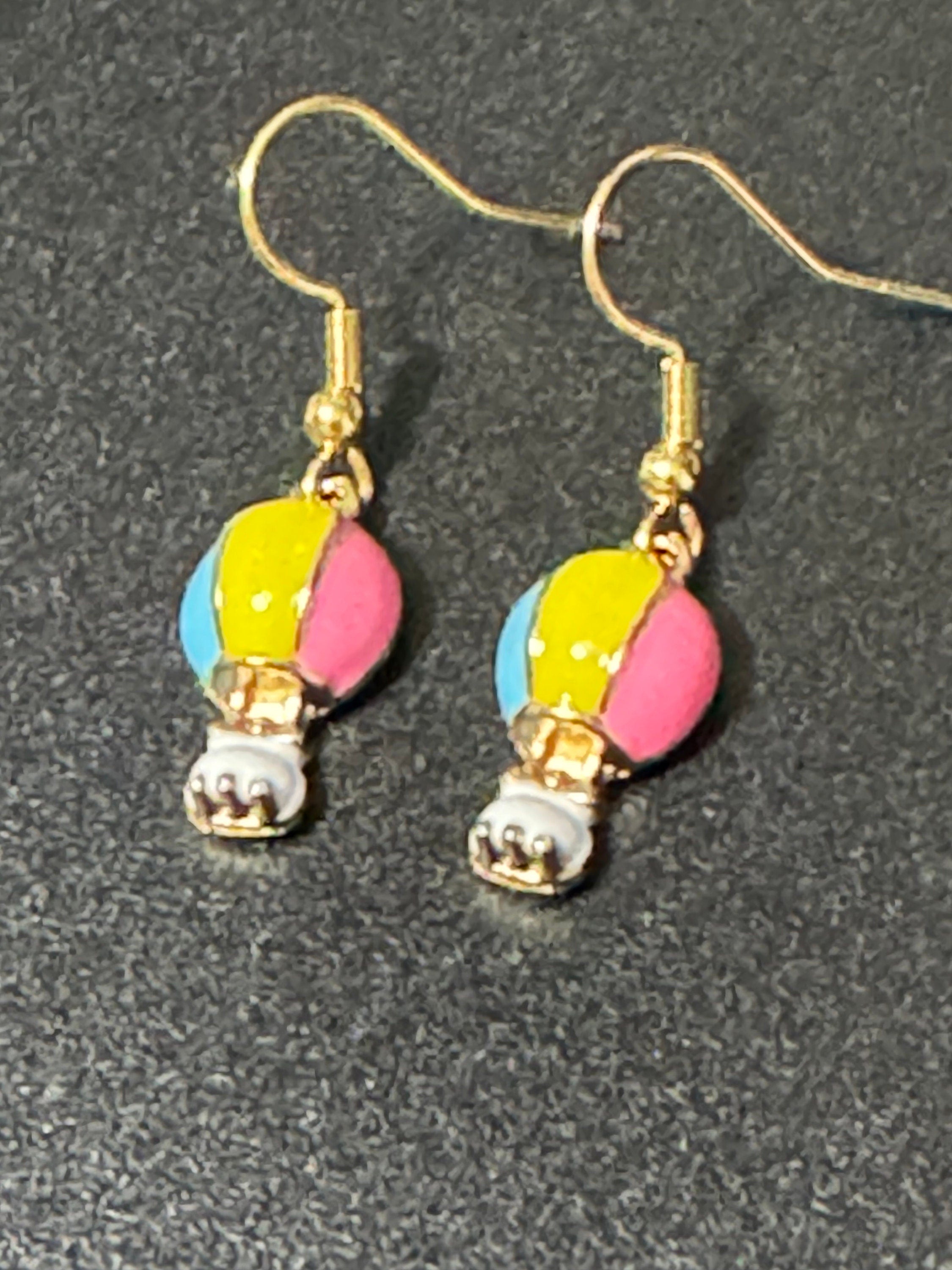 Novelty pink yellow blue enamel small hot air balloon drop earrings for pierced ears