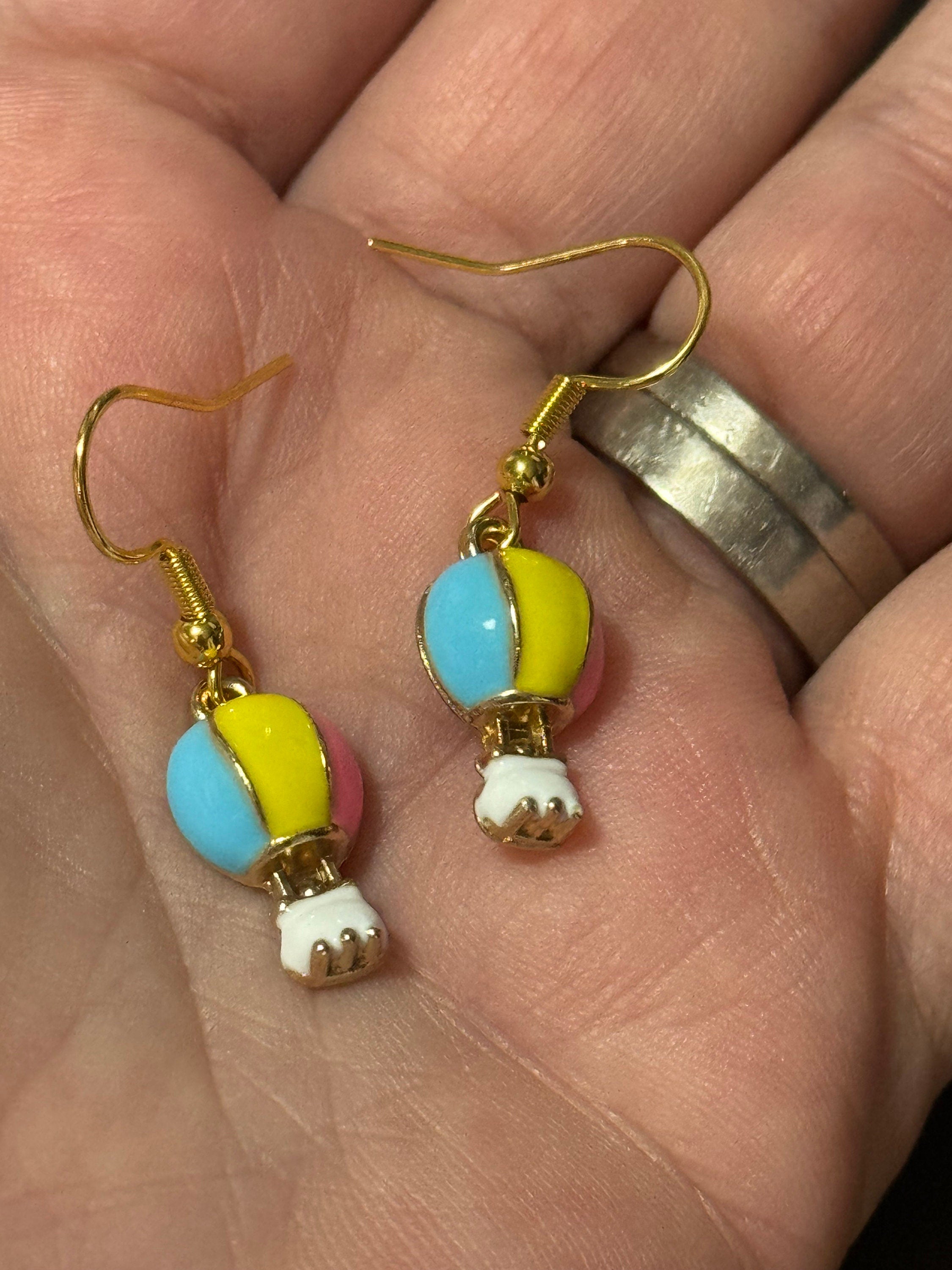 Novelty pink yellow blue enamel small hot air balloon drop earrings for pierced ears