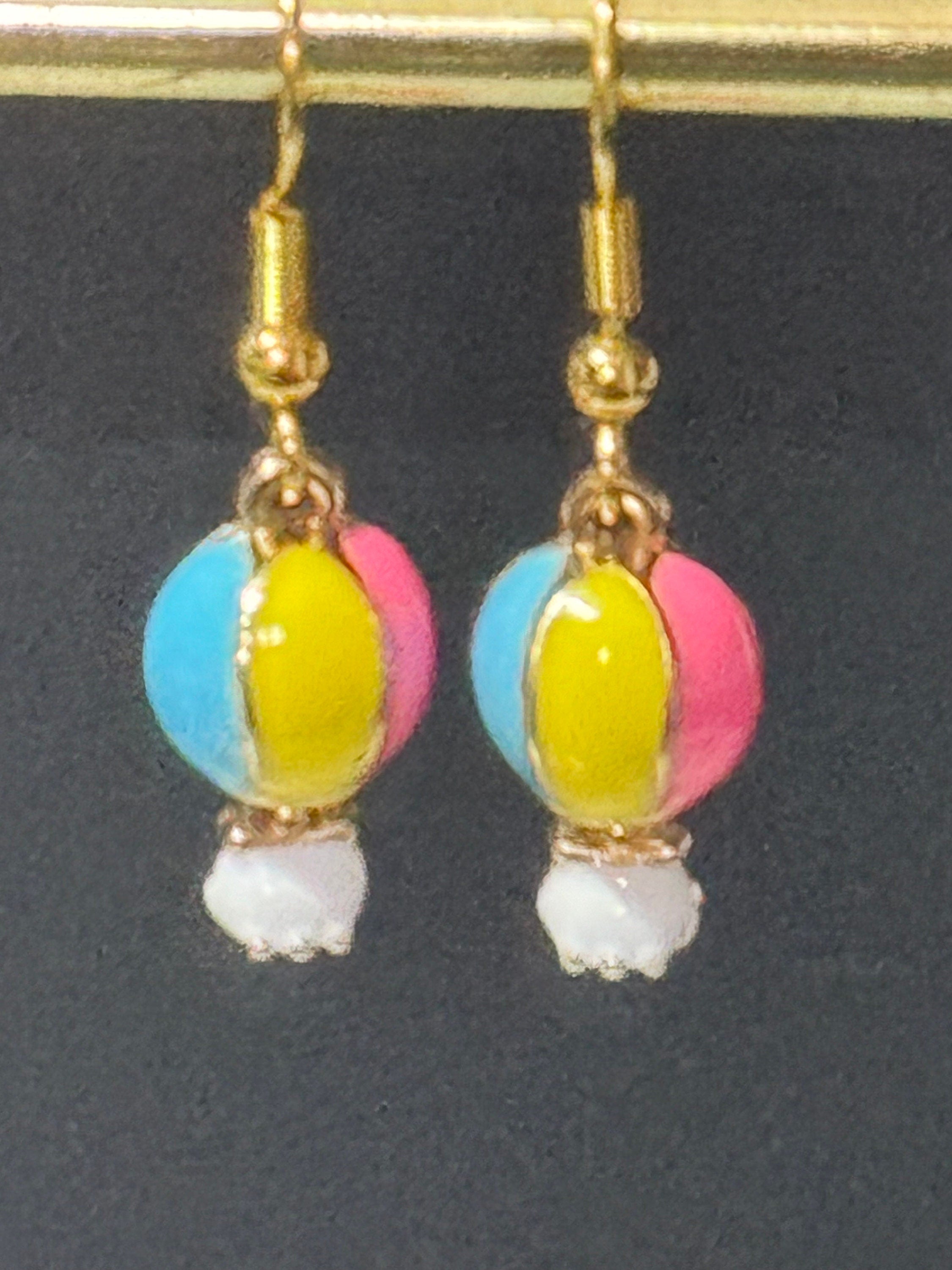 Novelty pink yellow blue enamel small hot air balloon drop earrings for pierced ears