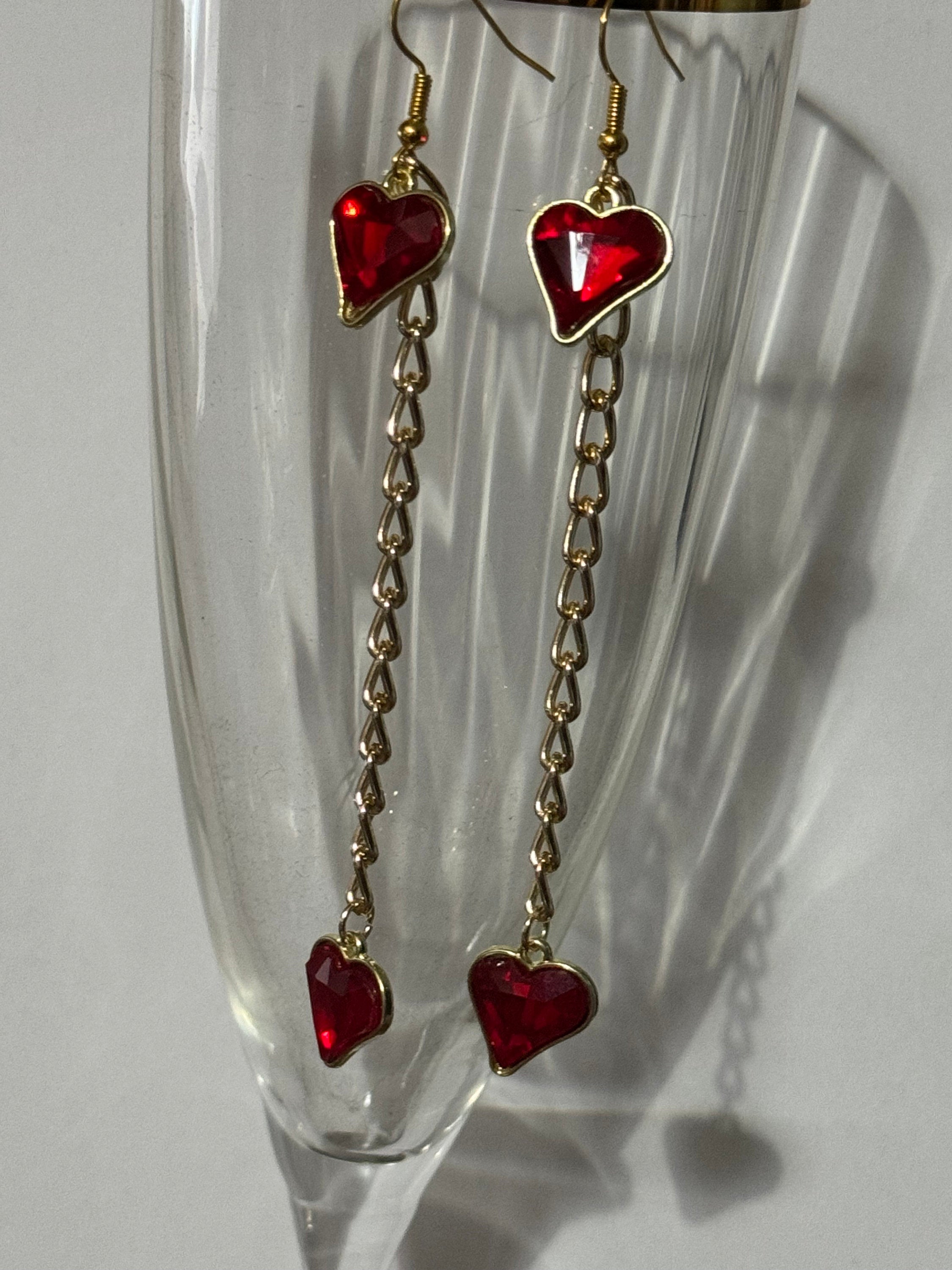 Shoulder grazer 18k gold plated bright red valentines love heart crystal diamanté ornate clover long 10.5cm drop charm earrings