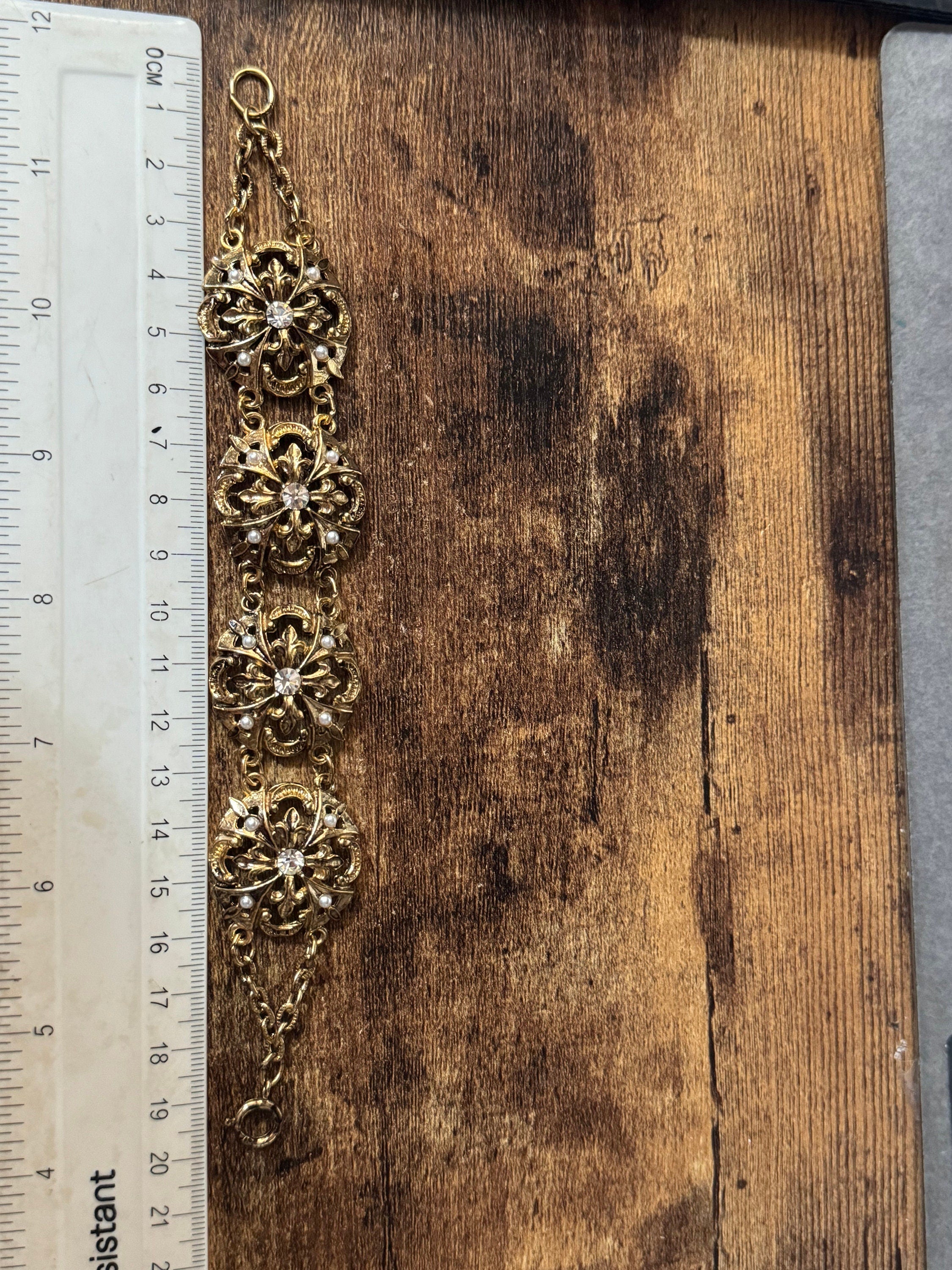 True Vintage diamanté panel link bangle bracelet 20cm old shop stock gold brass pressed metal