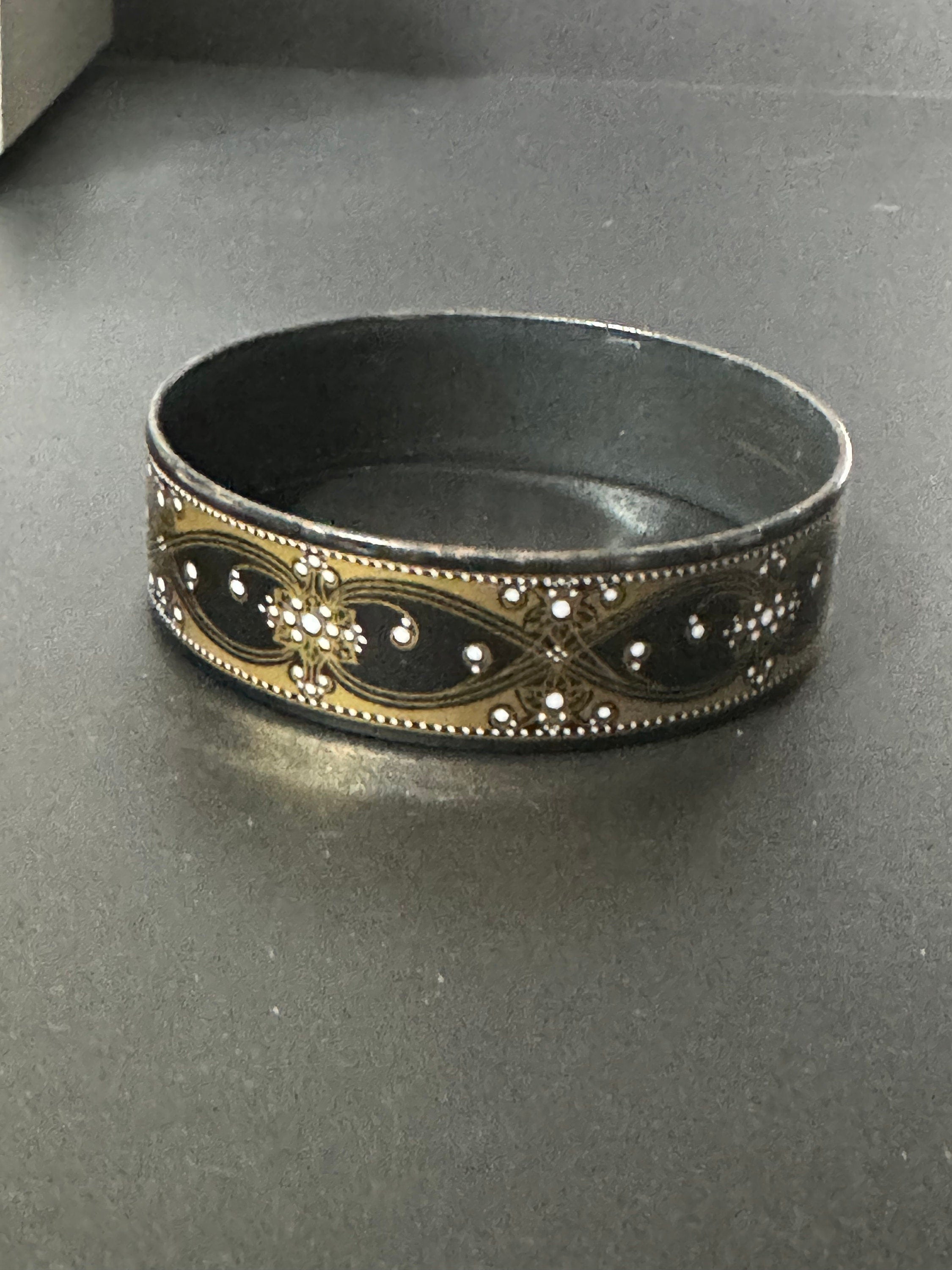 Vintage Michaela Frey black and gold enamel bangle, antique style wide from Austria