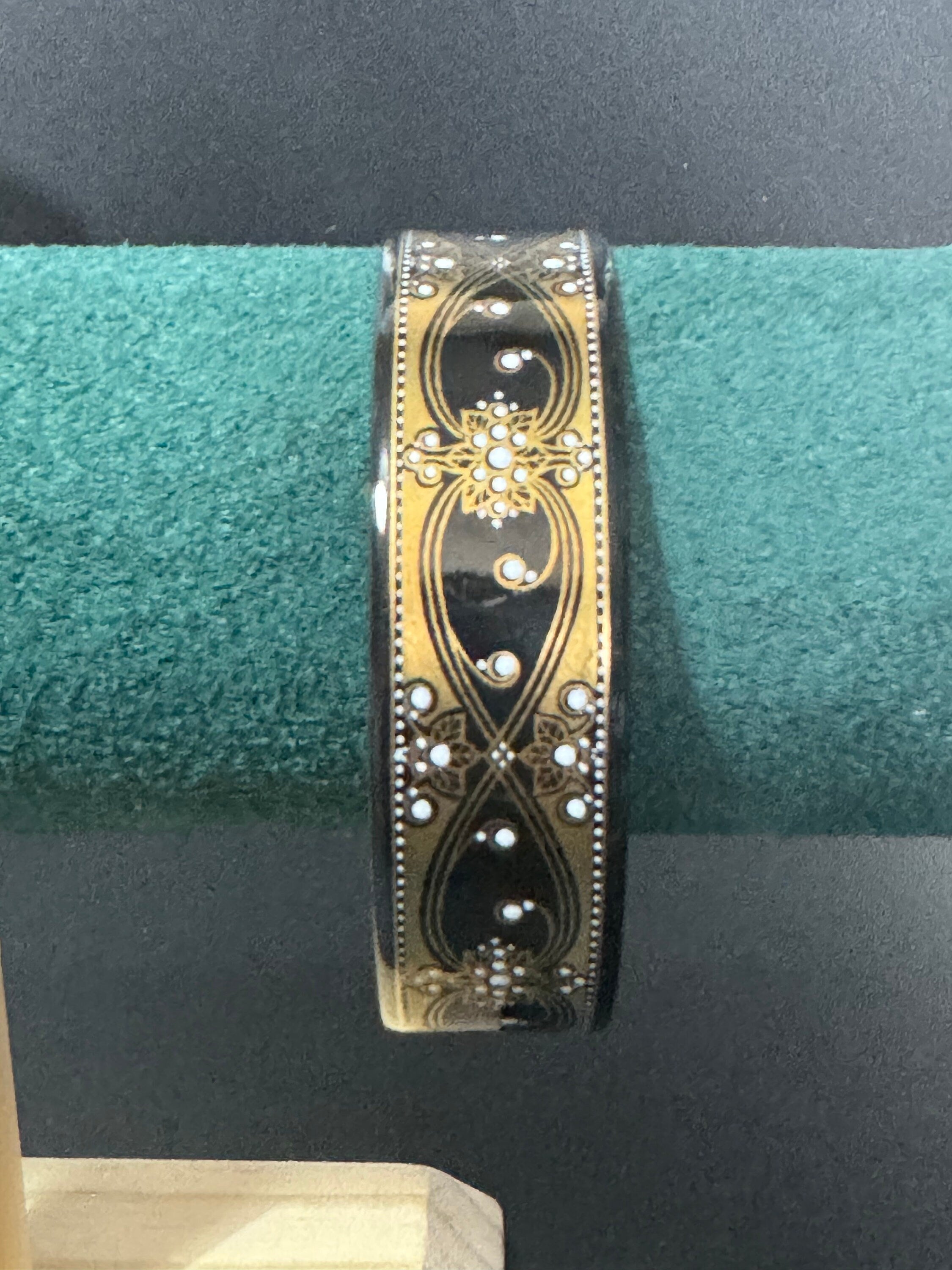 Vintage Michaela Frey black and gold enamel bangle, antique style wide from Austria