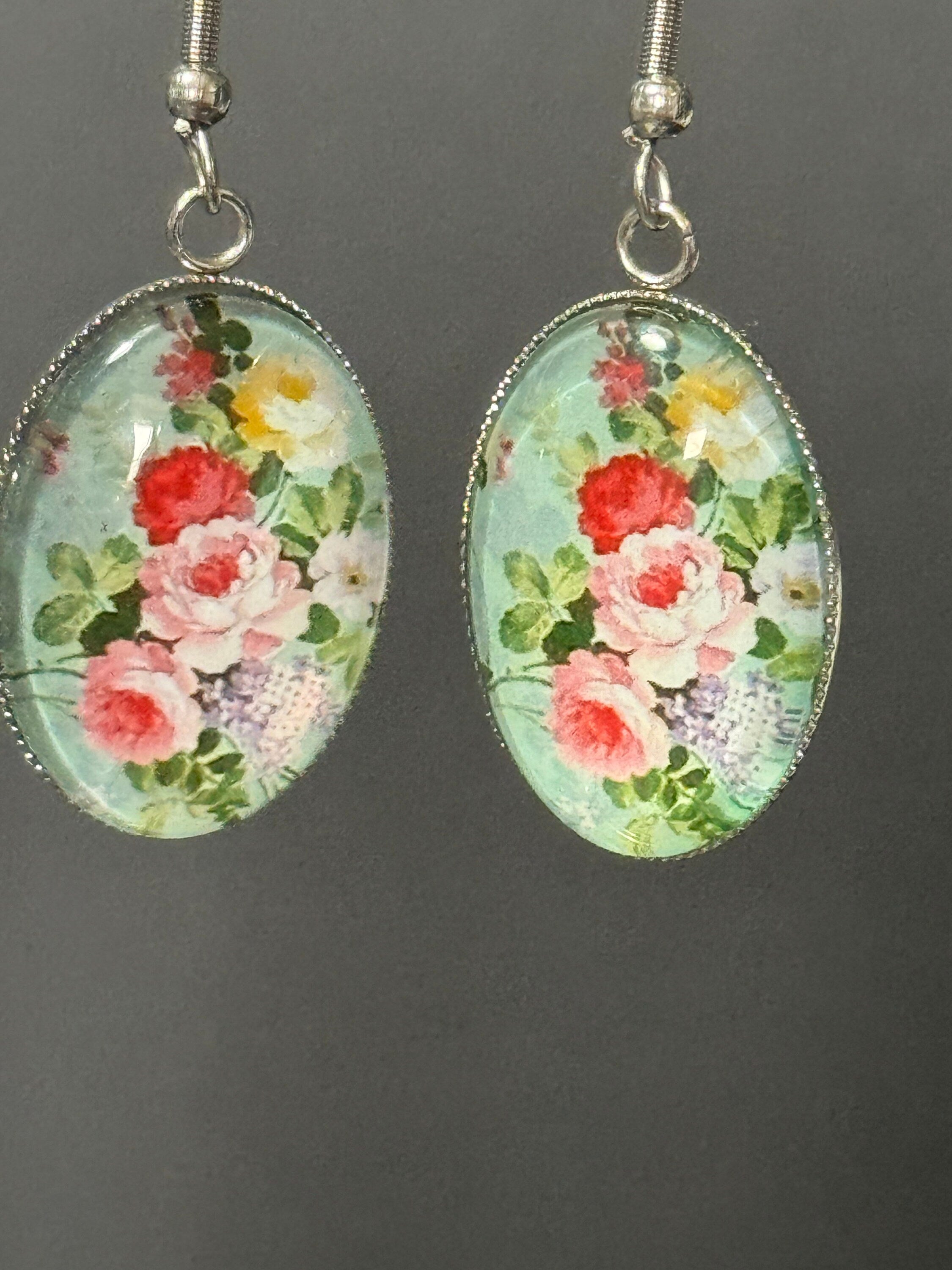 Garden flowers Green Pink roses oval glass cabochon pierced drop earrings non tarnish stainless steel