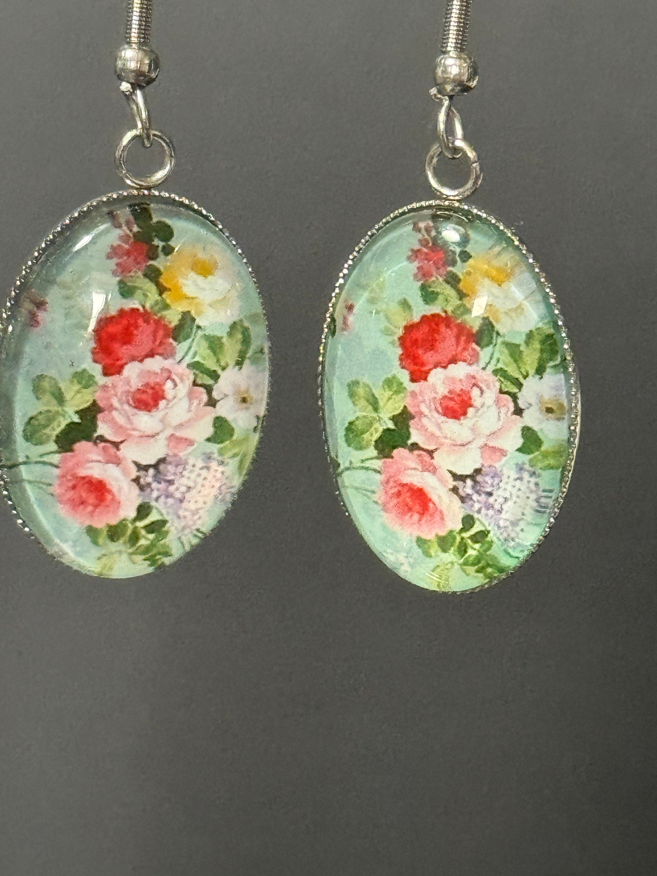 Garden flowers Green Pink roses oval glass cabochon pierced drop earrings non tarnish stainless steel