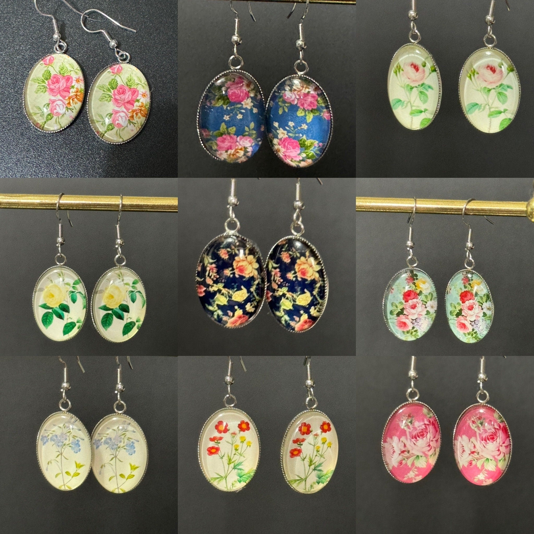 Garden flowers Green Pink roses oval glass cabochon pierced drop earrings non tarnish stainless steel