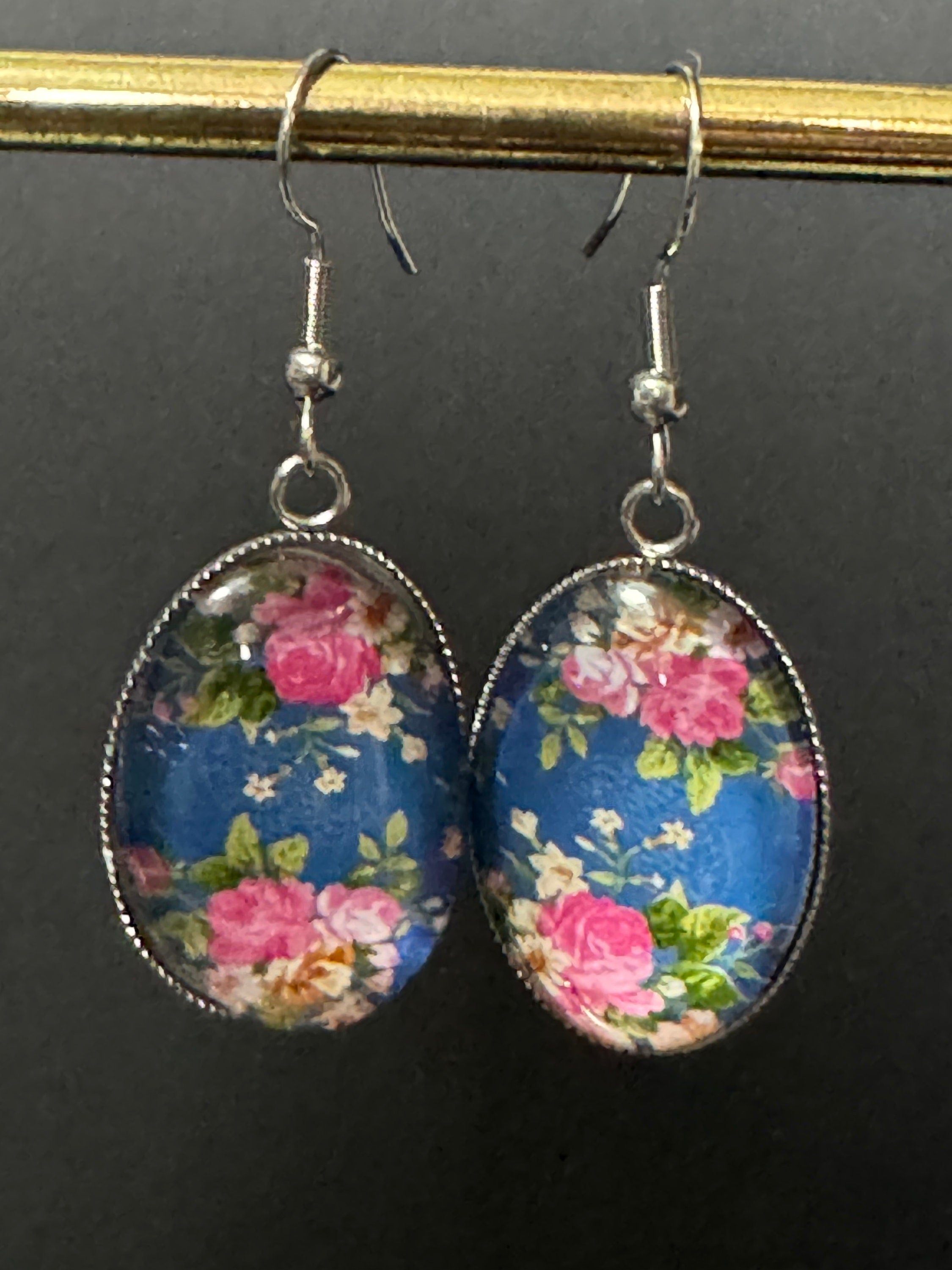 Rose Garden Stainless Steel Drop Earrings: Blue & Pink Floral Cabochon
