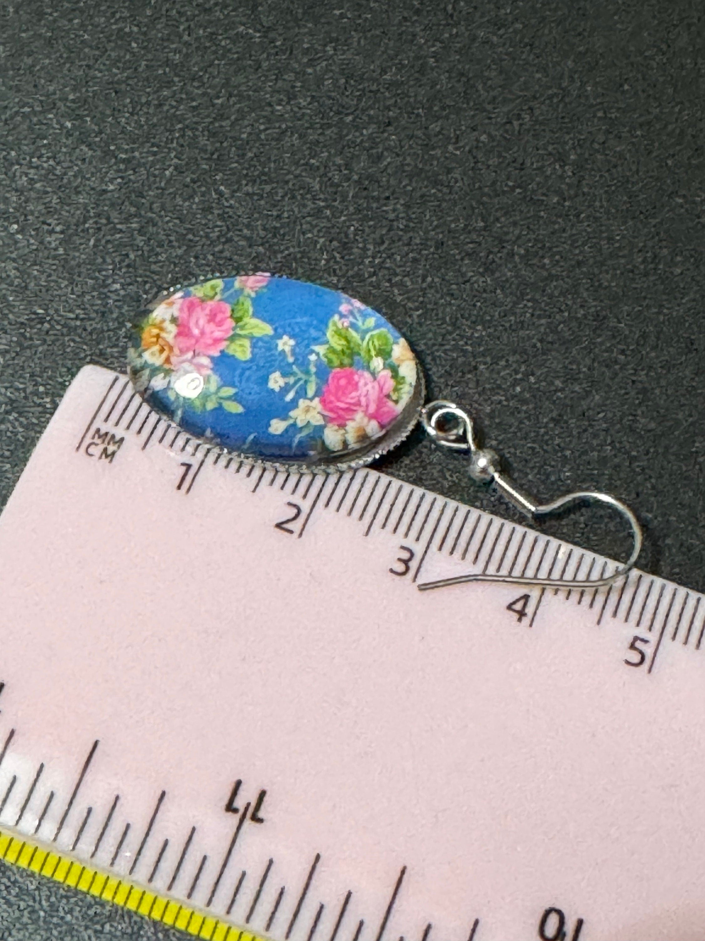 Rose Garden Stainless Steel Drop Earrings: Blue & Pink Floral Cabochon