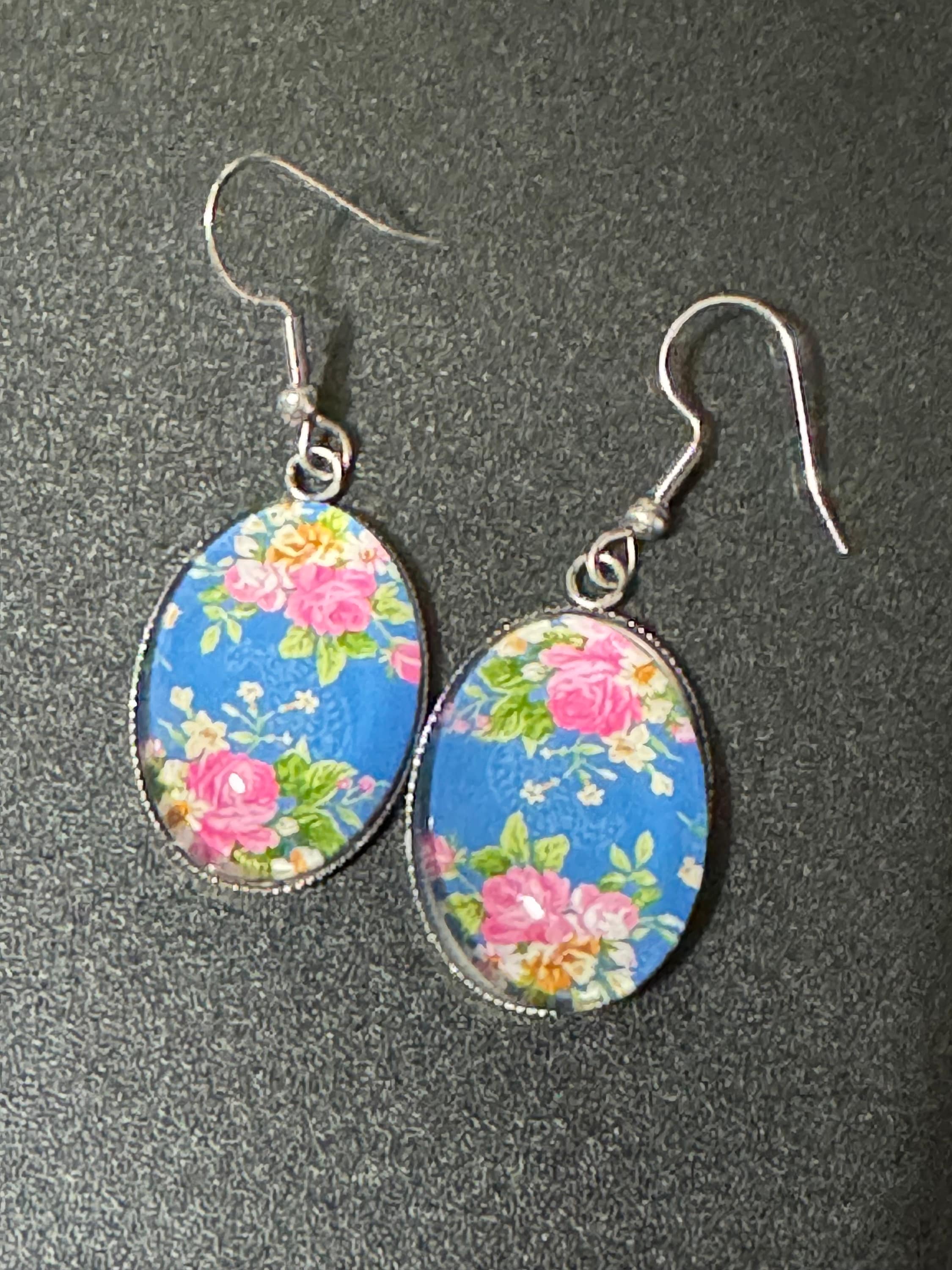 Rose Garden Stainless Steel Drop Earrings: Blue & Pink Floral Cabochon