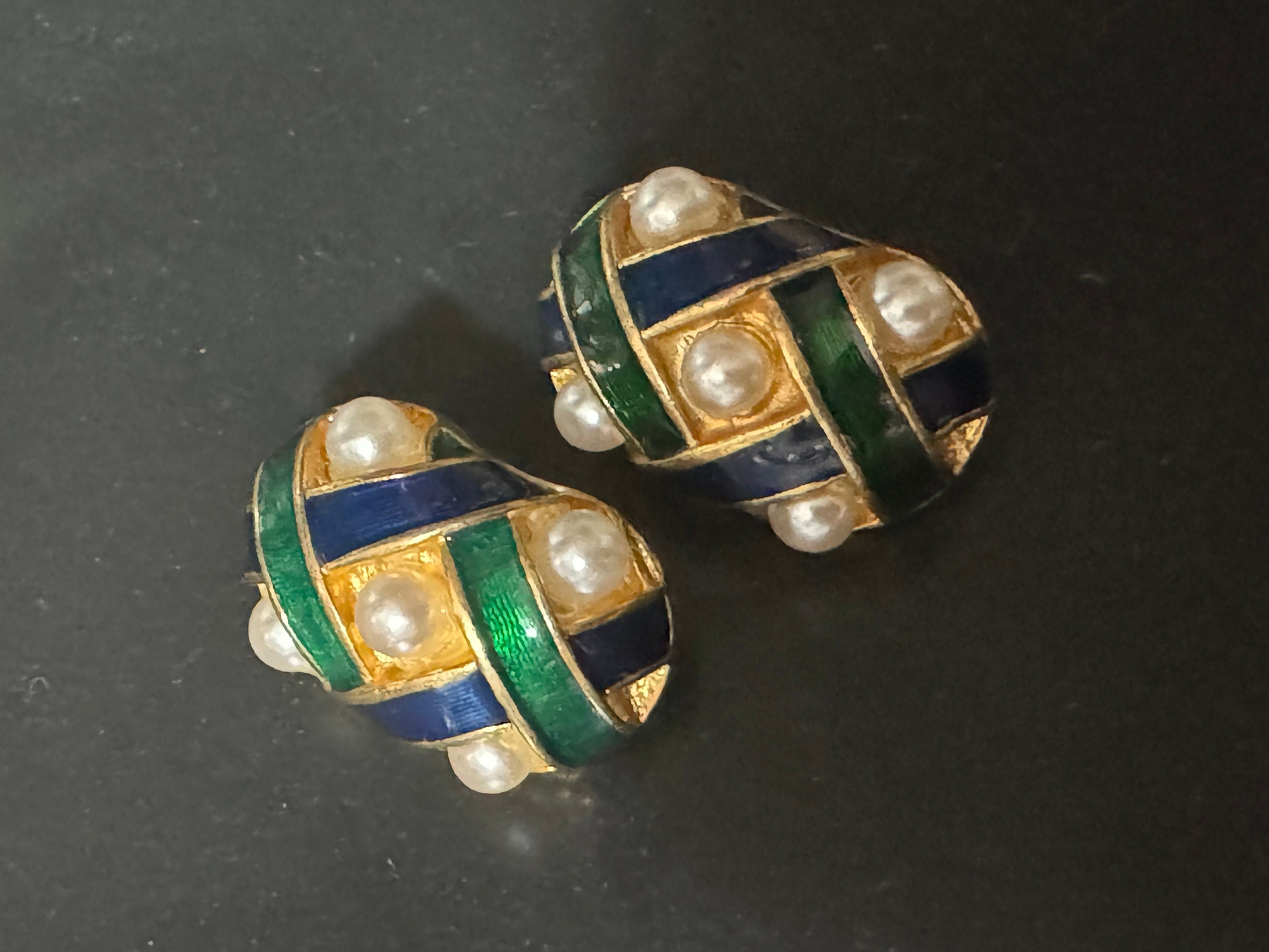 green blue enamel Pearl clip on earrings, gold tone