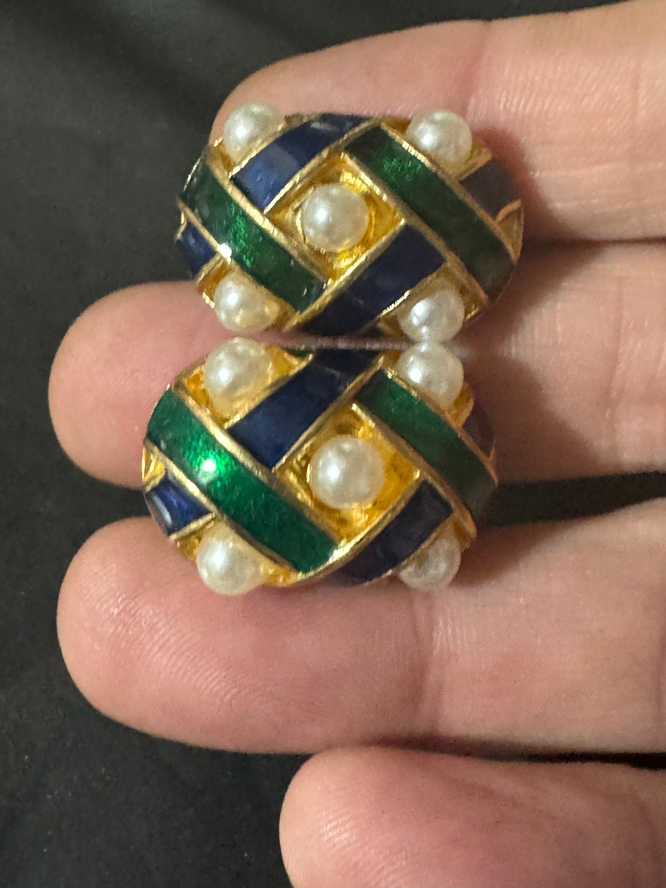 green blue enamel Pearl clip on earrings, gold tone