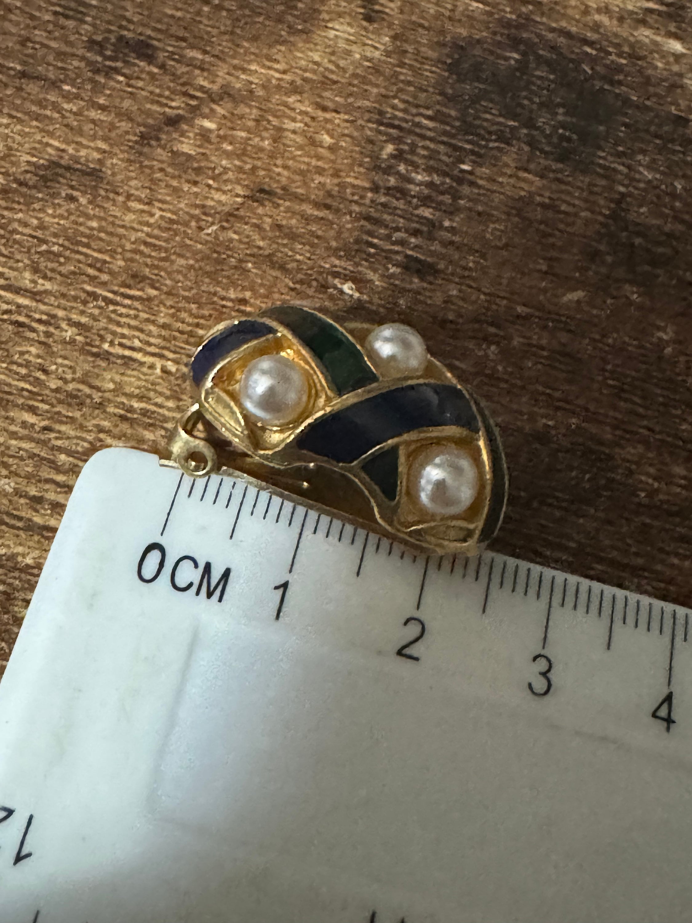 green blue enamel Pearl clip on earrings, gold tone