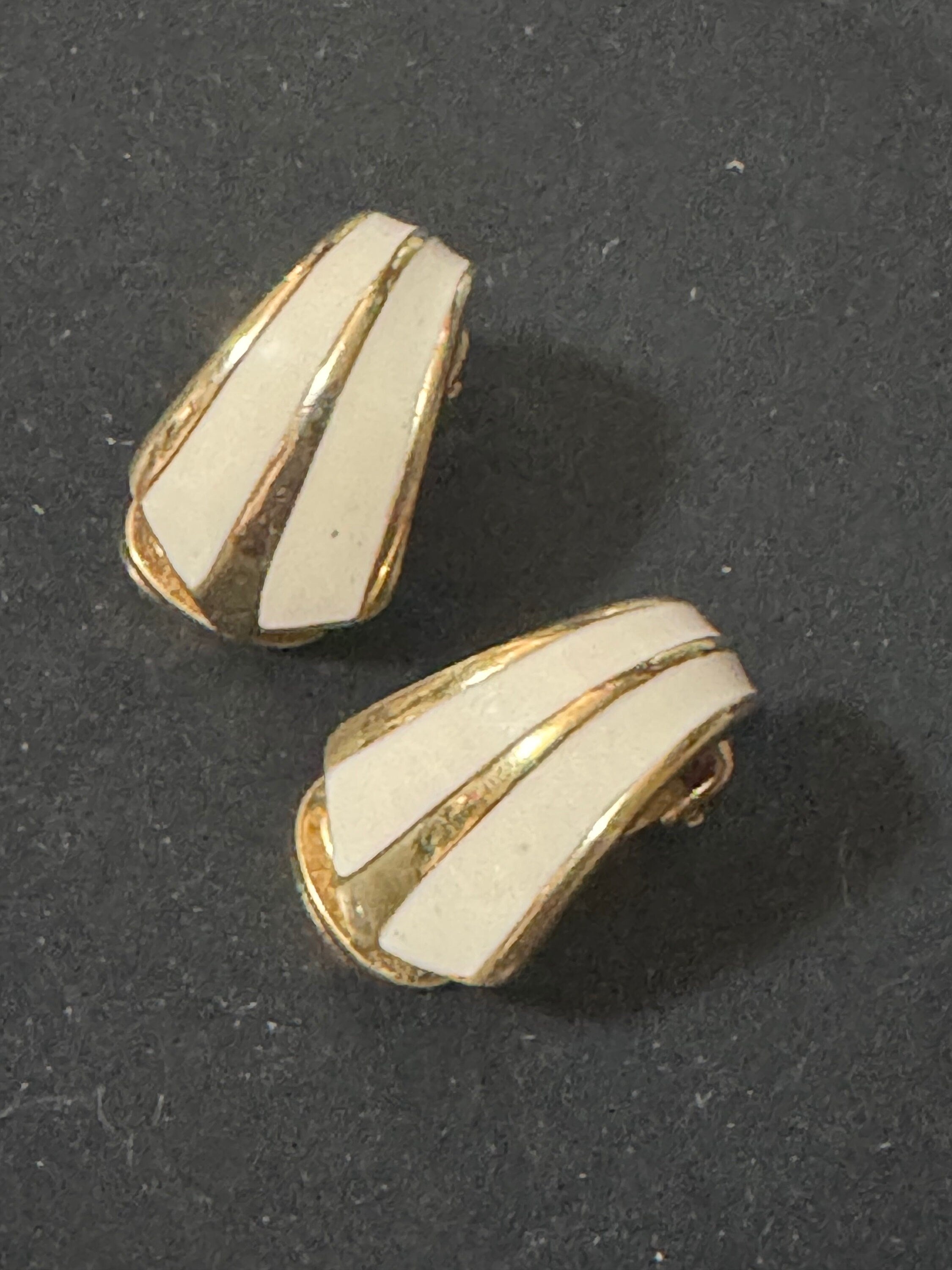 Vintage Gold tone off white gold enamel clip on earrings