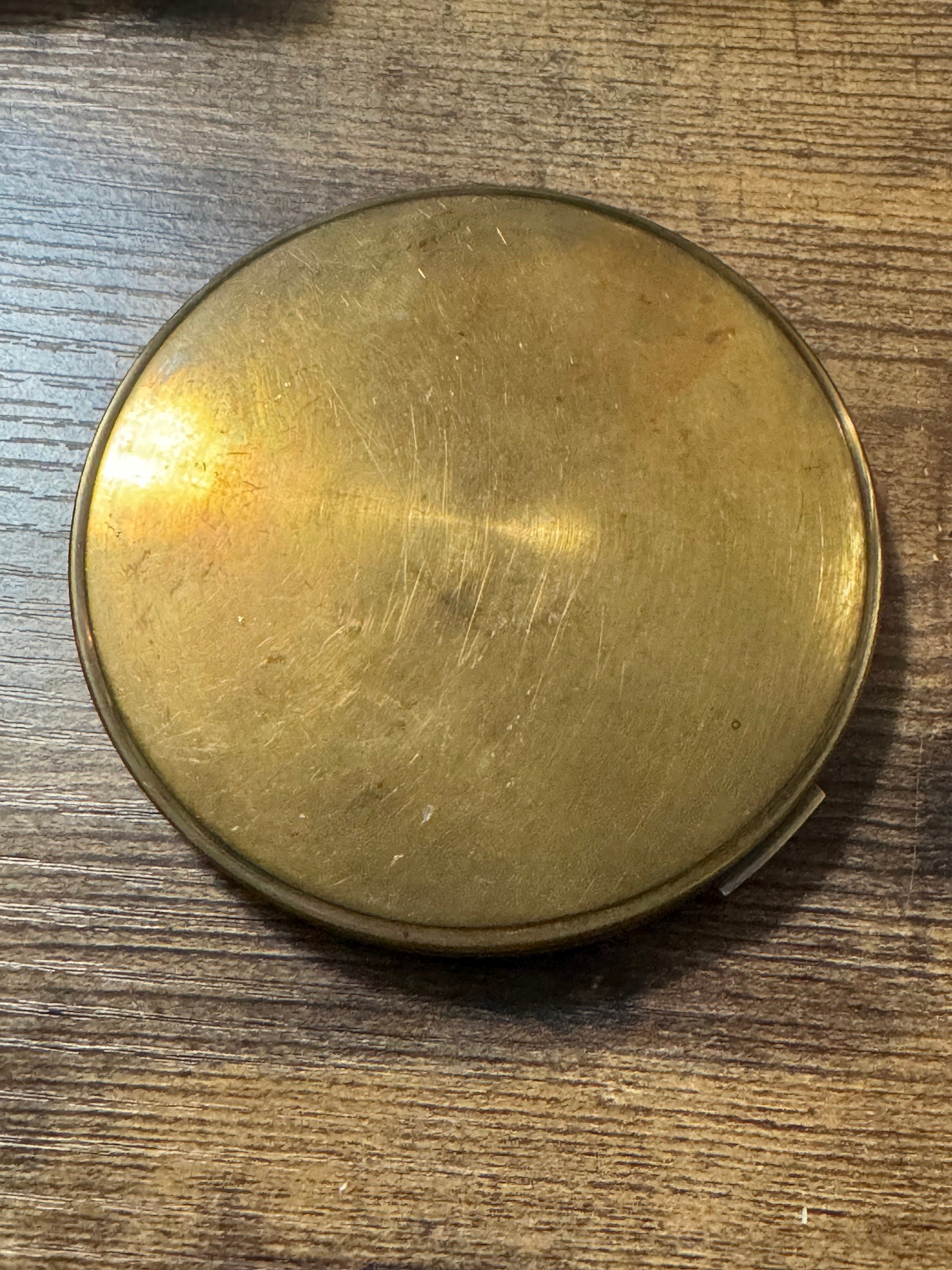 Oversized gold tone giant powder compact white lace design