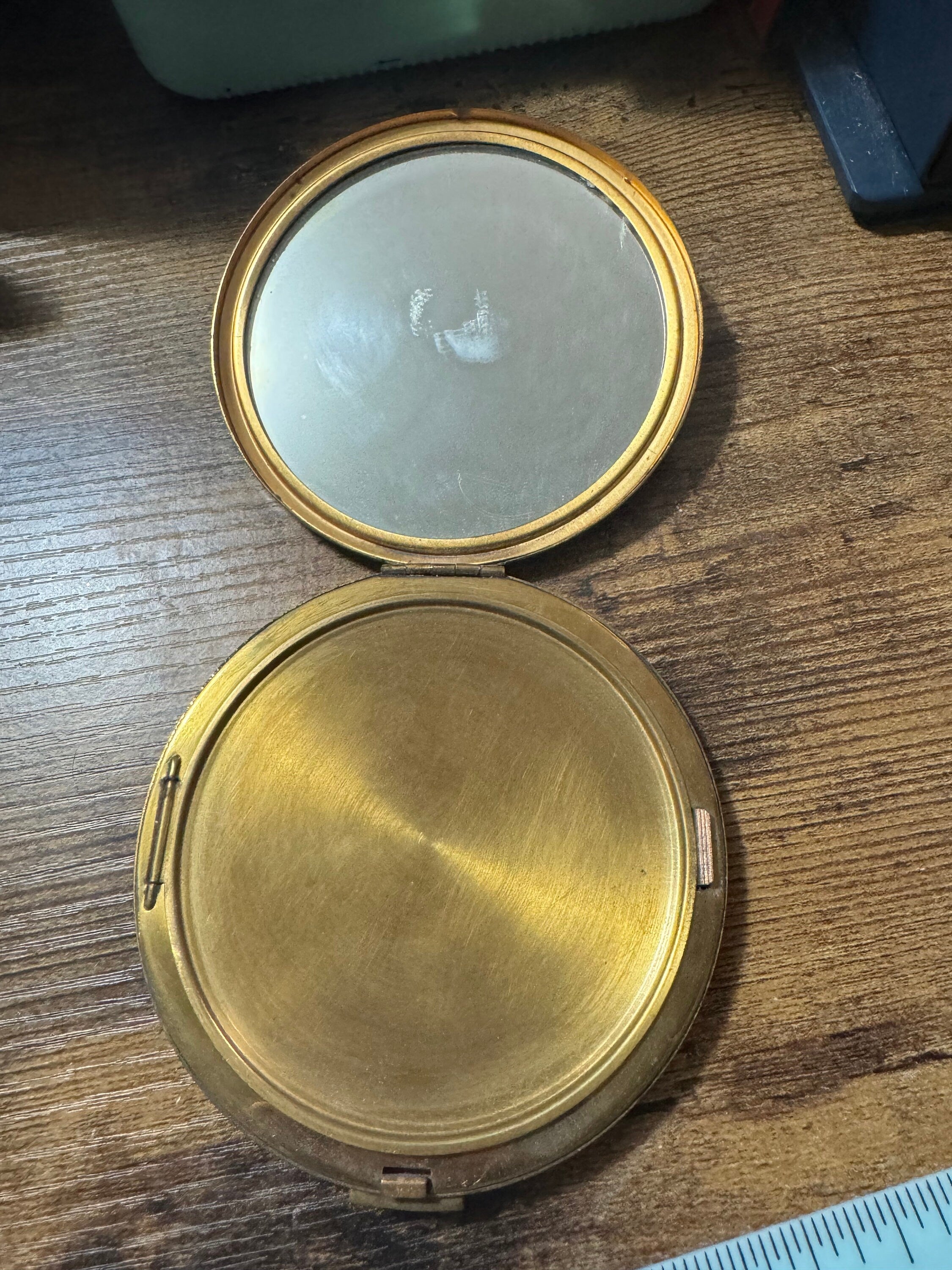 Oversized gold tone giant powder compact white lace design