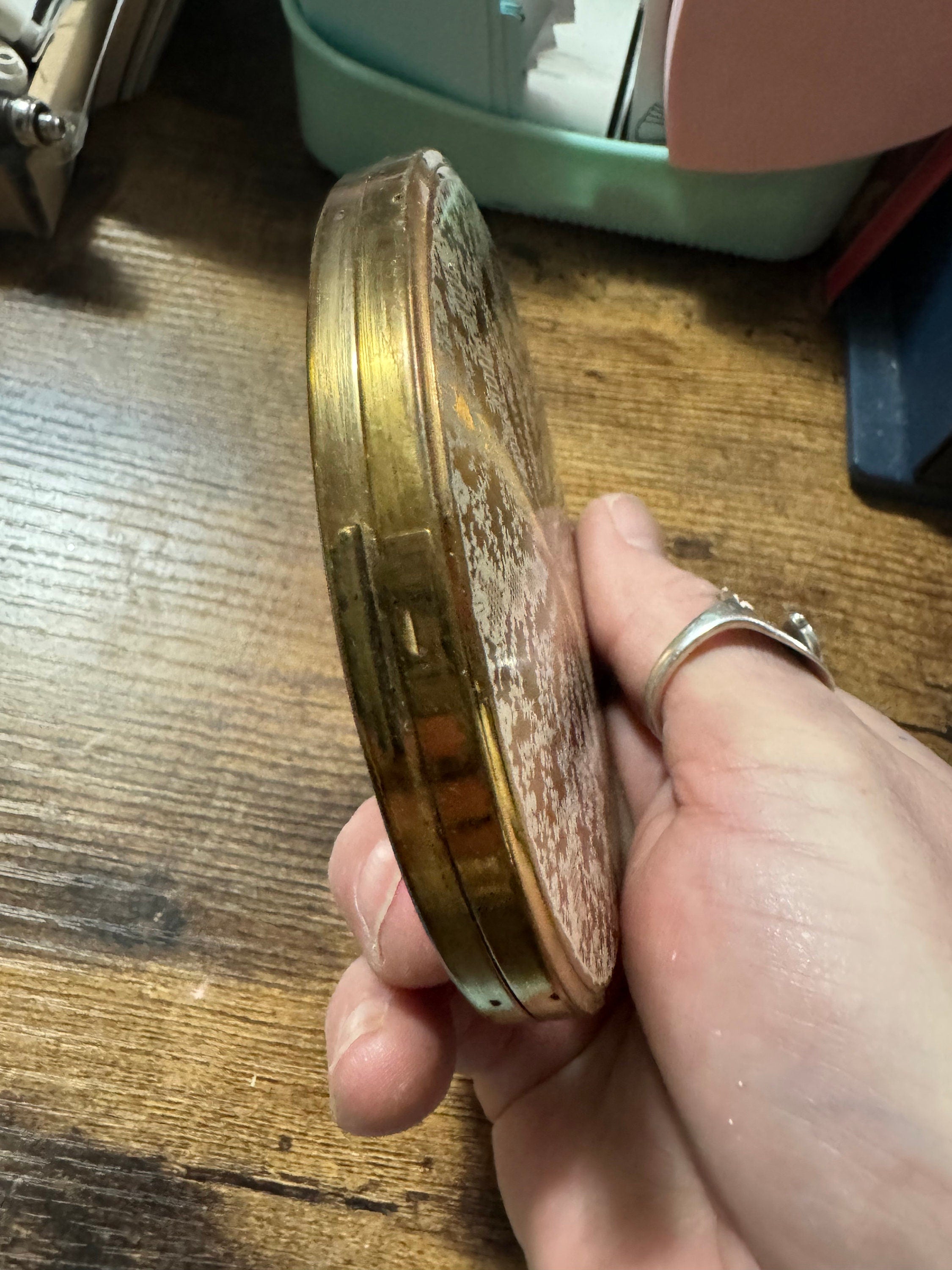 Oversized gold tone giant powder compact white lace design