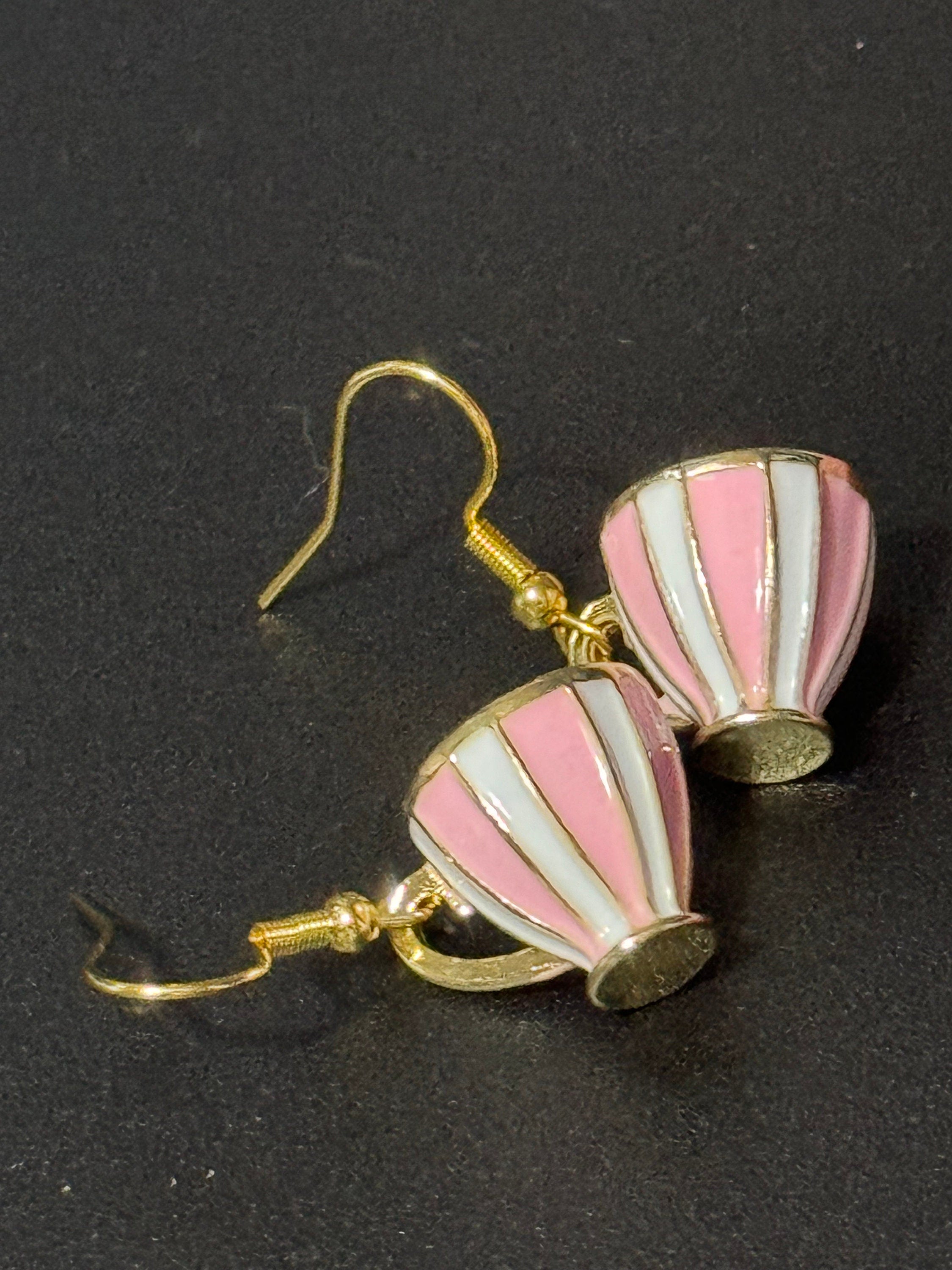 Pink and white stripes gilded tea cup novelty drop earrings Vintage tea-party