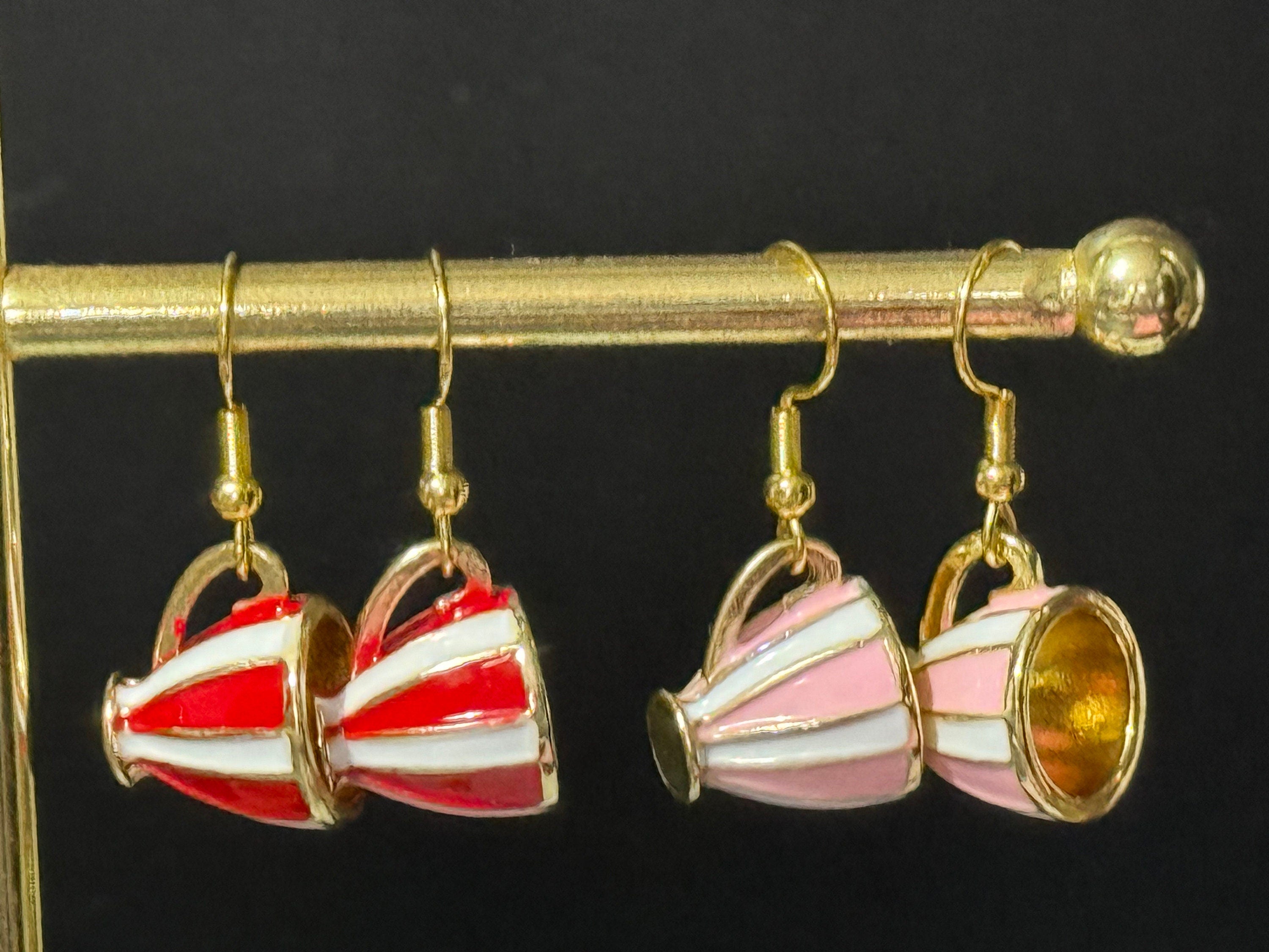 Pink and white stripes gilded tea cup novelty drop earrings Vintage tea-party