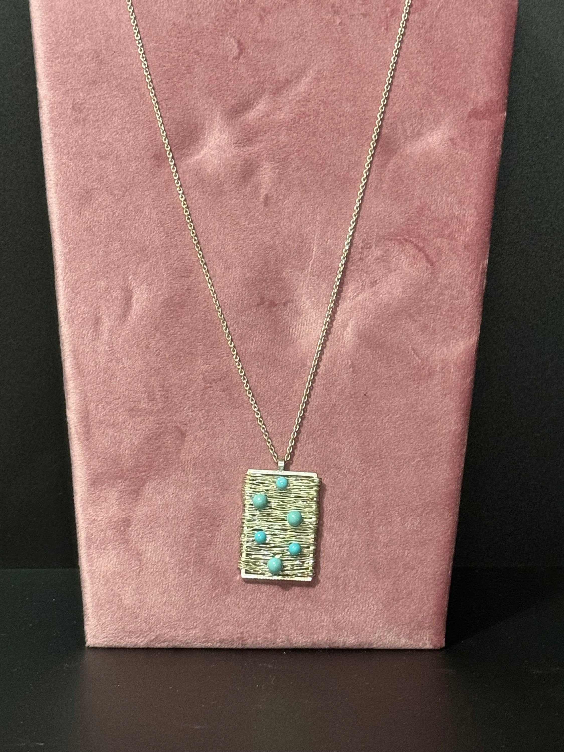 Vintage 1970s 925 Sterling Silver brutalist wirework pendant on chain necklace with turquoise blue gemstones