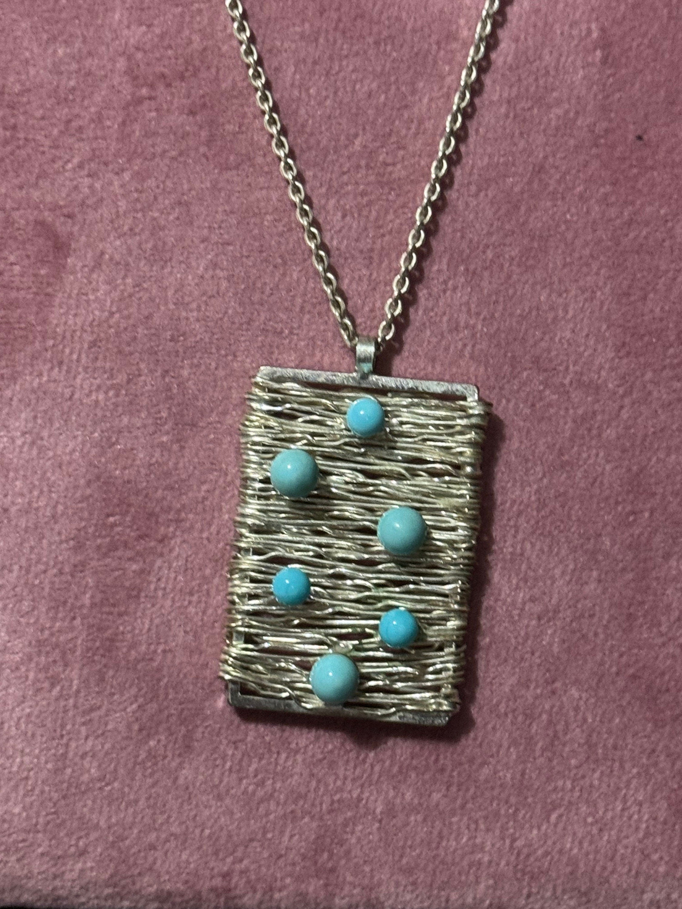 Vintage 1970s 925 Sterling Silver brutalist wirework pendant on chain necklace with turquoise blue gemstones